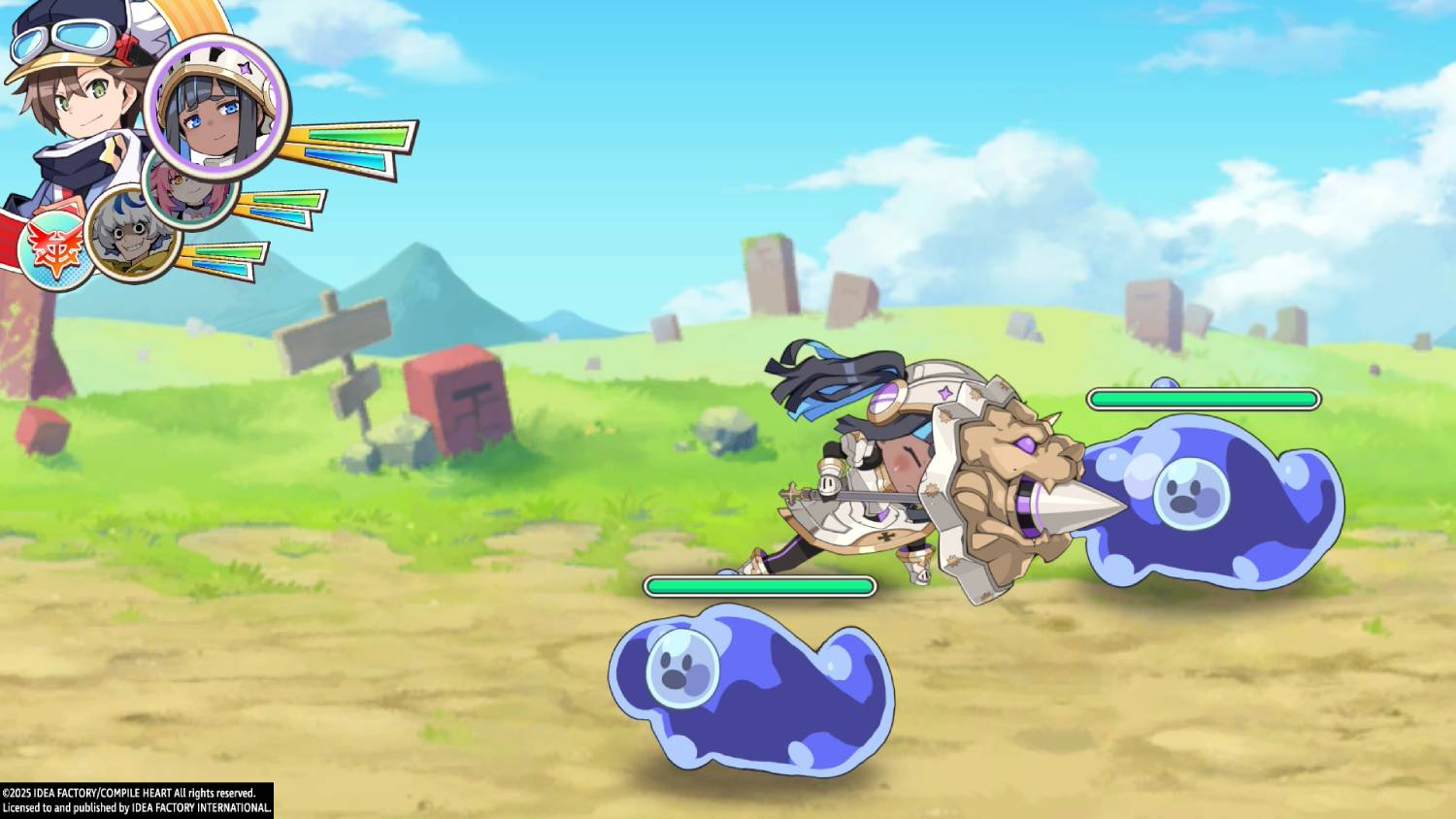 Personajes de anime luchan contra limos azules en un paisaje verde.