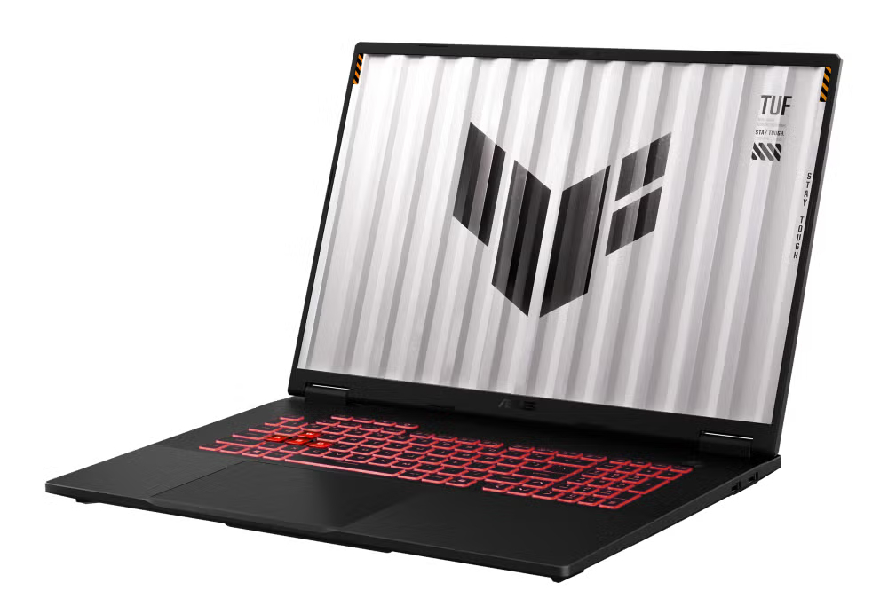 Czarny laptop z czerwoną klawiaturą i logo na ekranie.