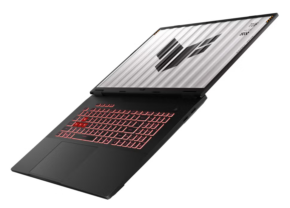 Czarny laptop z podświetlaną na czerwono klawiaturą i logo na ekranie.