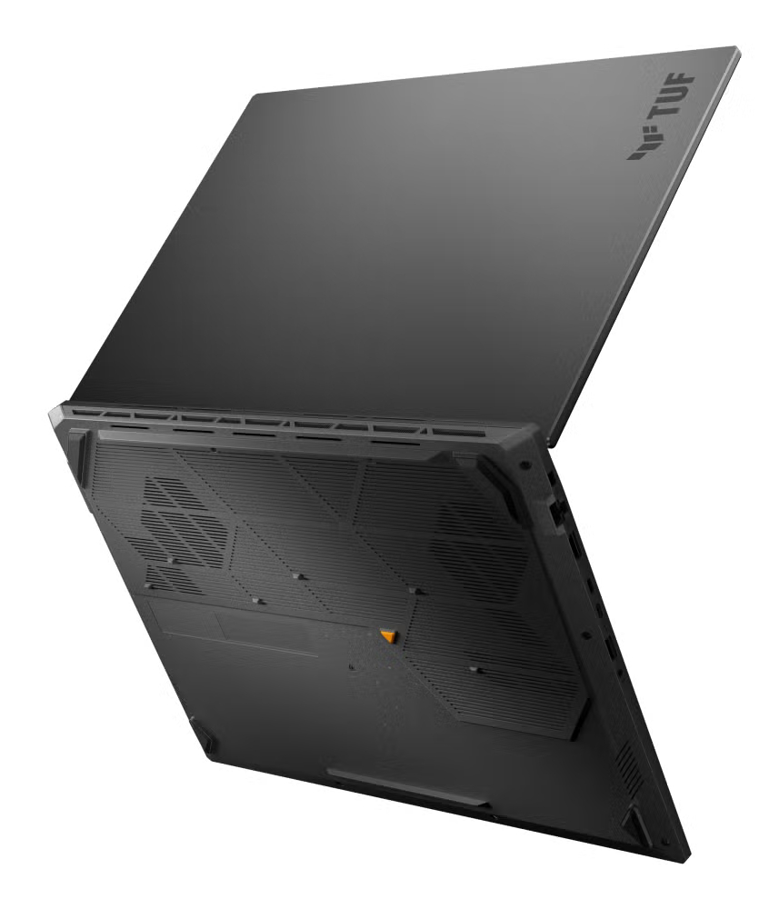 Czarny laptop z otwartą pokrywą, widok od spodu, z otworami wentylacyjnymi i logo TUF.