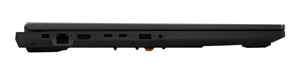 Bok czarnego laptopa z portami: Ethernet, HDMI, USB-C, USB-A, gniazdo audio.