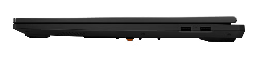 Czarny laptop z boku z dwoma portami USB i pomarańczowym przyciskiem.