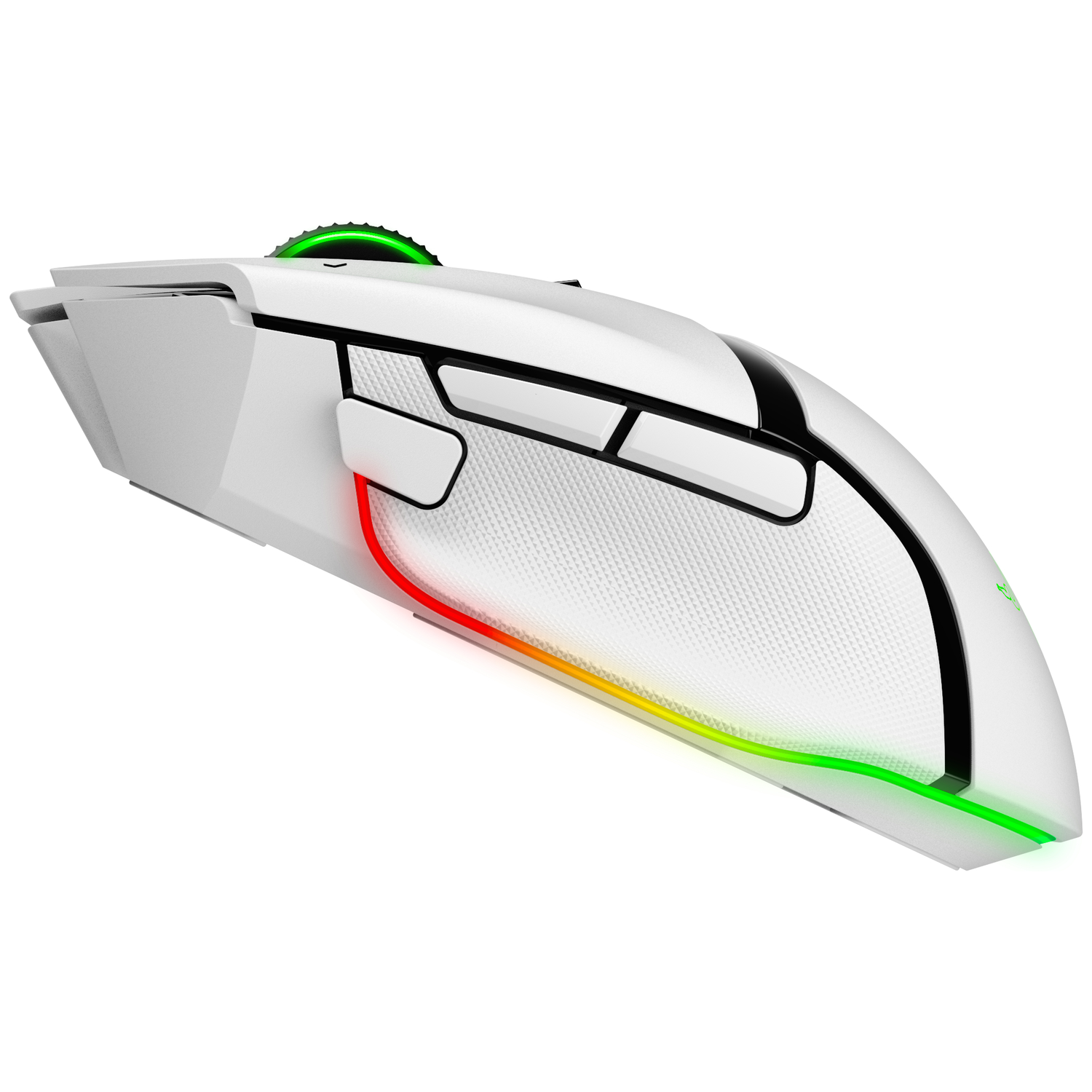 A white gaming mouse with a green scroll wheel and gradient lighting.