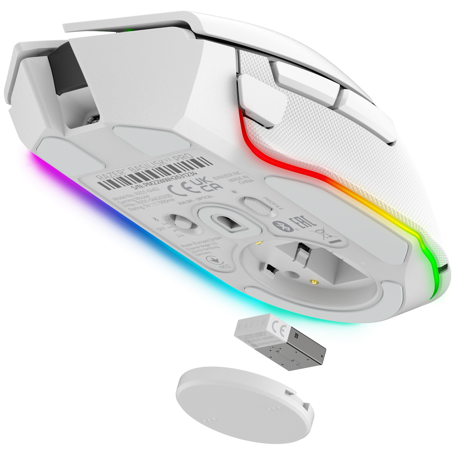 A white Razer gaming mouse with RGB lighting and accessories.