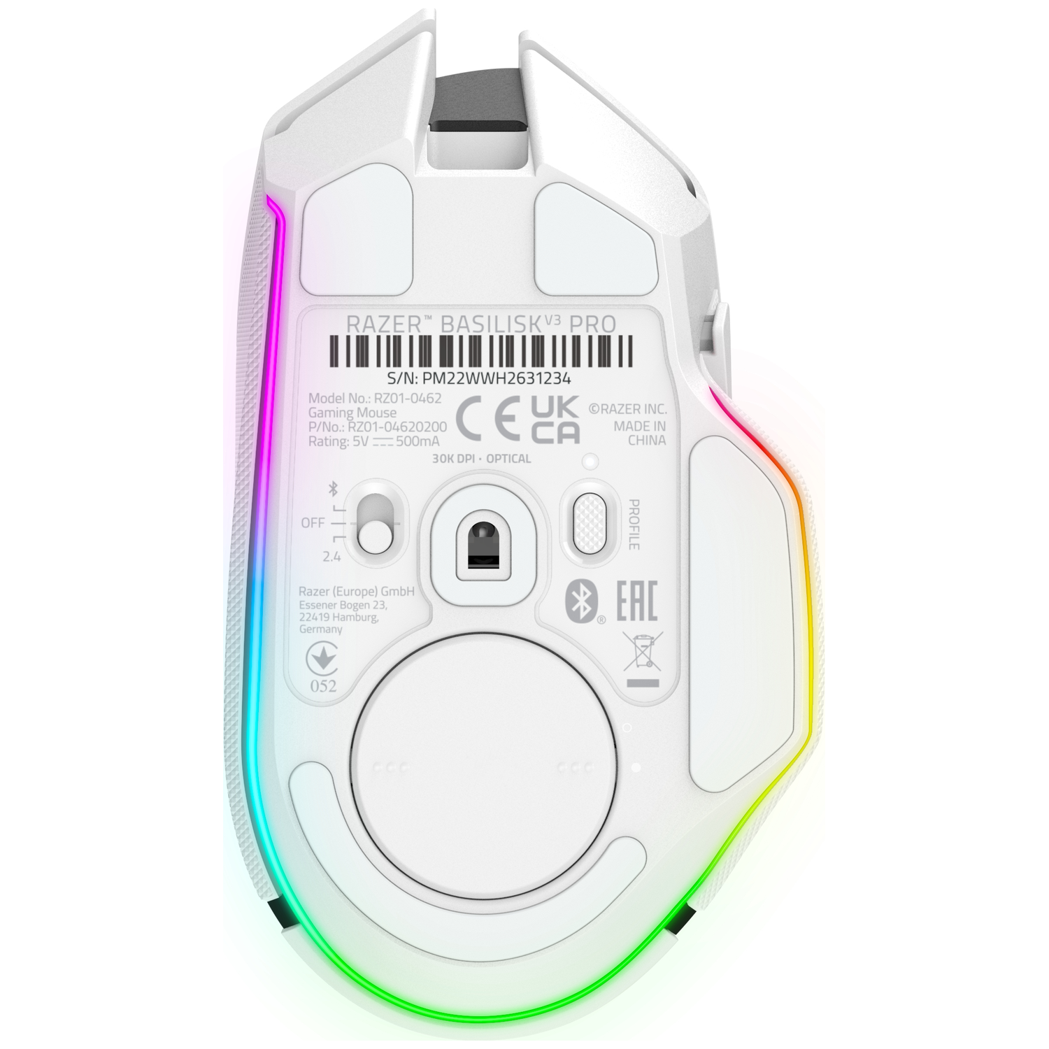 White Razer Basilisk V3 Pro gaming mouse with RGB lighting and technical details on the underside.