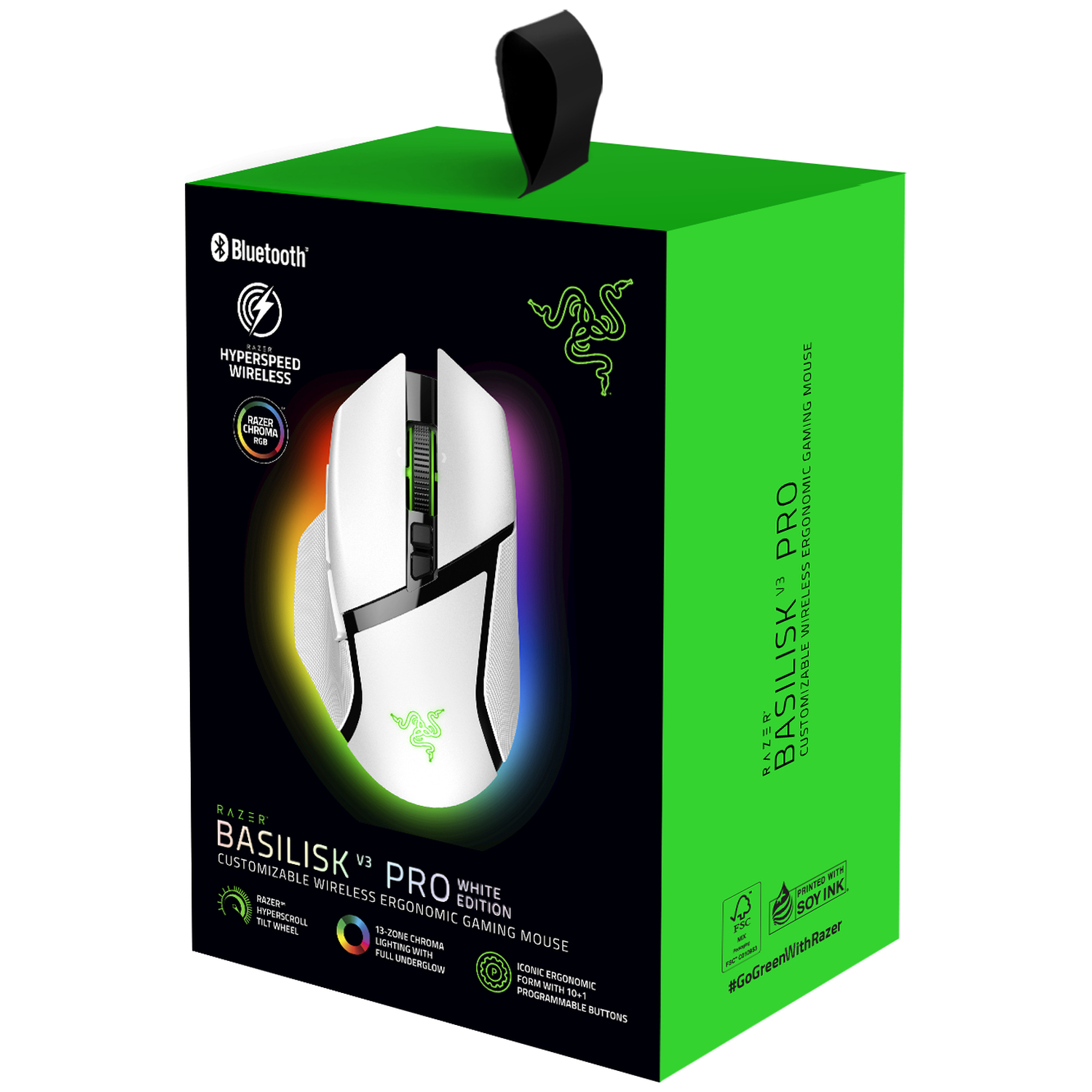 White Razer Basilisk V3 Pro wireless gaming mouse box with RGB lighting details.