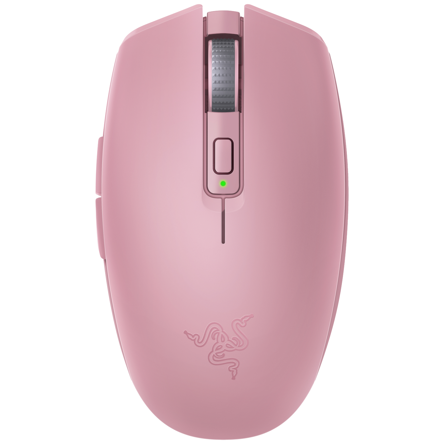 Een roze Razer gamingmuis met een zilveren scrollwiel en een groen lampje.