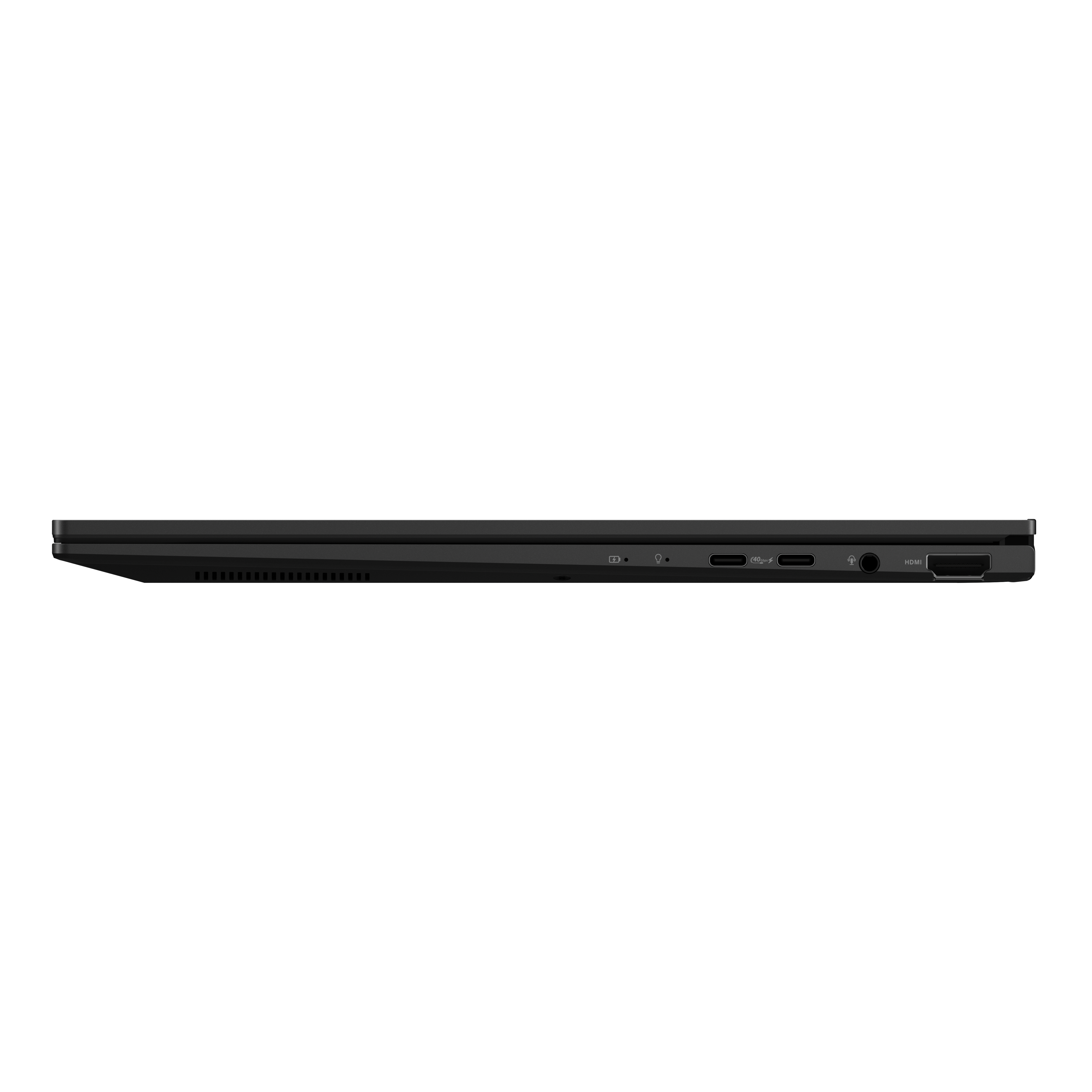 Zijaanzicht van een zwarte laptop met poorten: USB-C, koptelefoonaansluiting, HDMI.