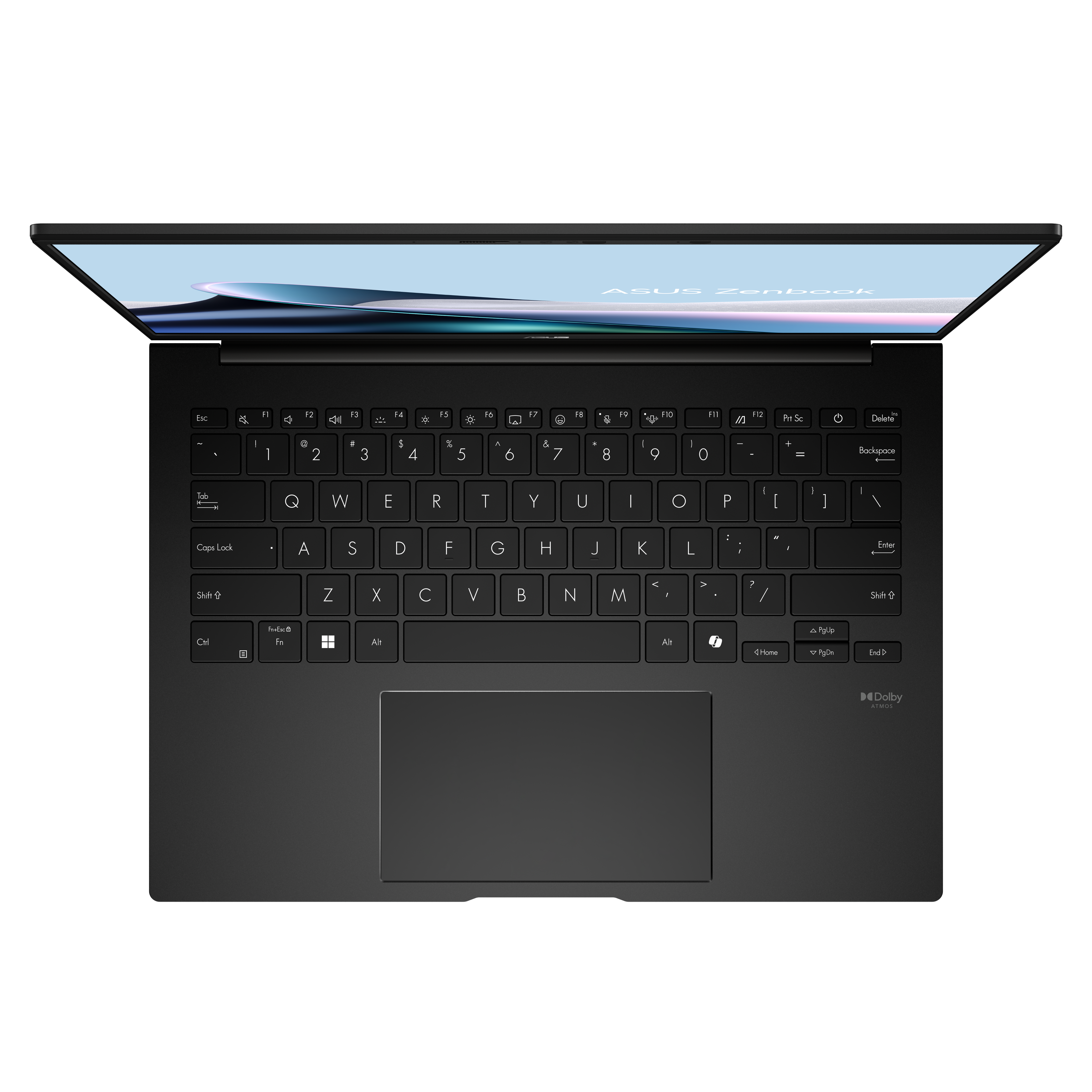 Een open zwarte laptop toont het toetsenbord en touchpad. Het scherm toont "ASUS Zenbook".