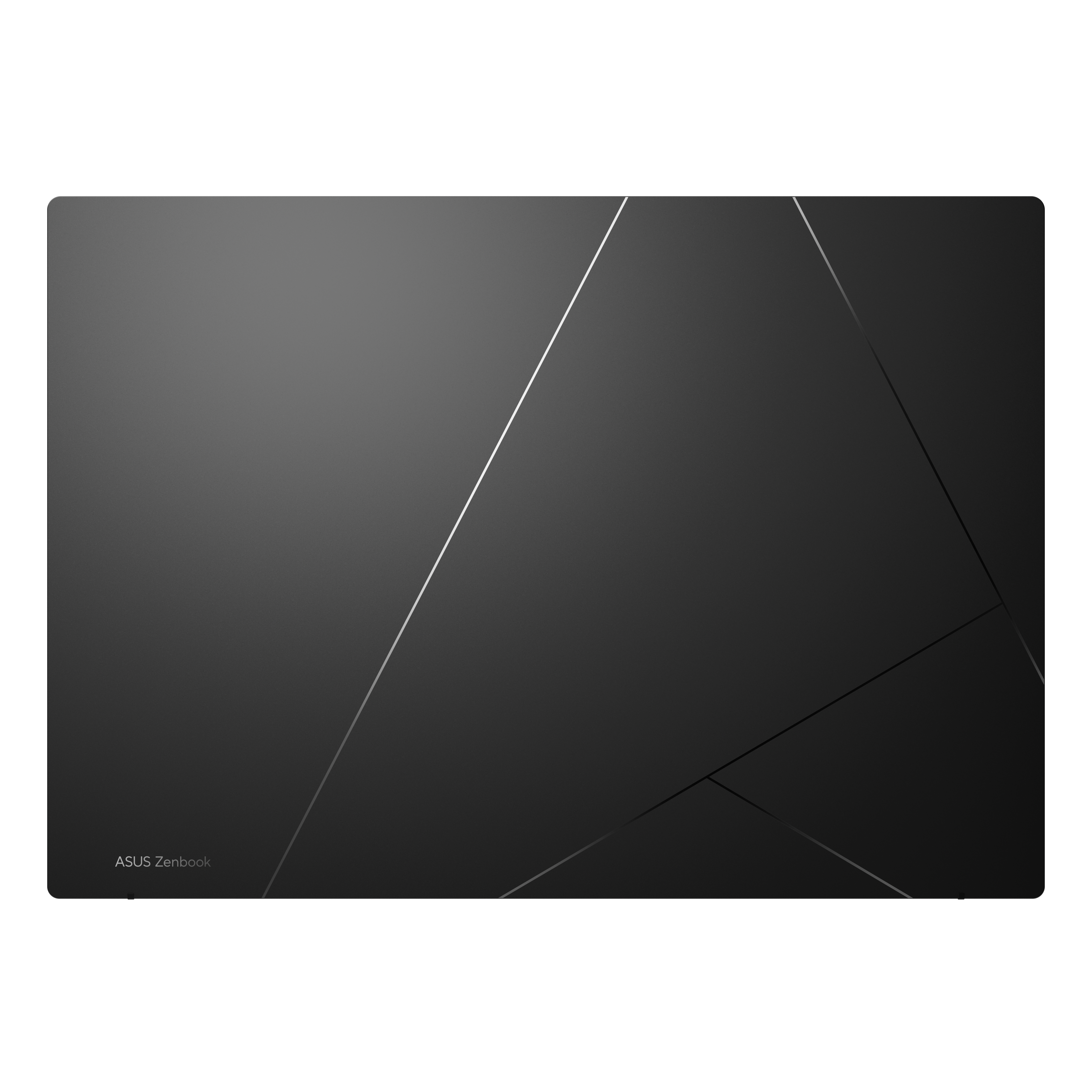 Donkergrijs laptopdeksel met geometrische lijnen en ASUS Zenbook logo.
