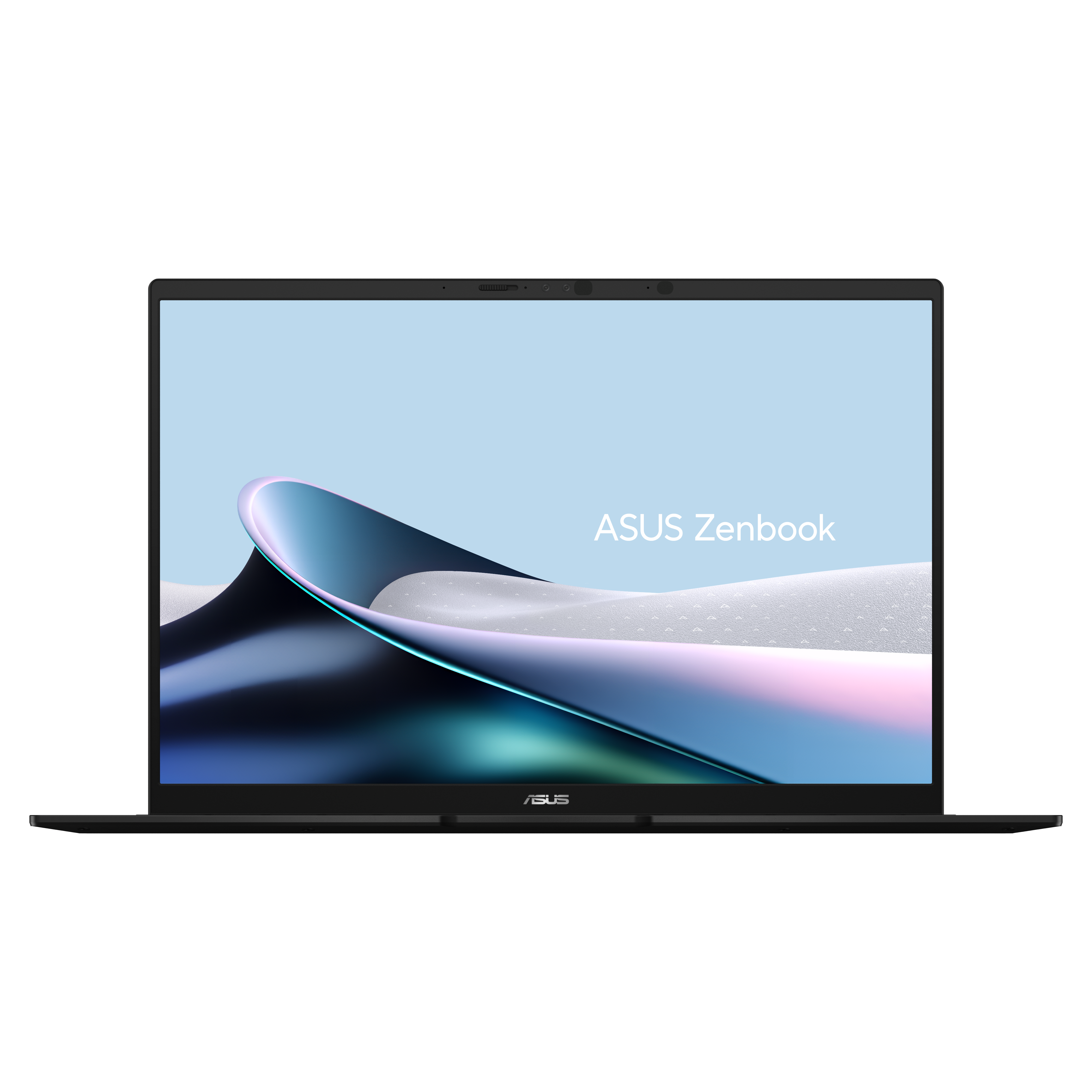 Een zwarte Asus Zenbook laptop met een abstracte blauwe en roze achtergrond.