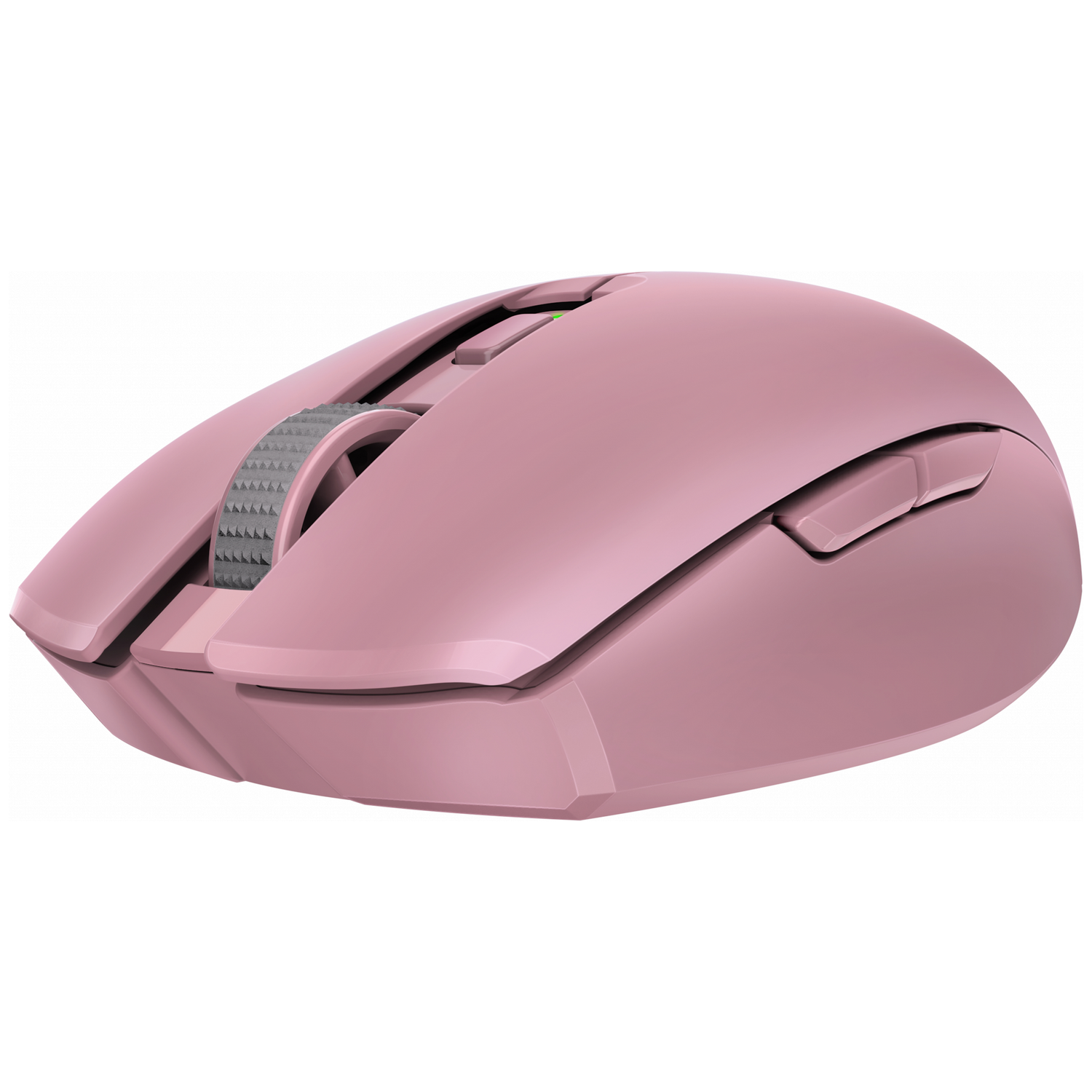 Een roze computermuis met een grijs scrollwiel en twee knoppen.