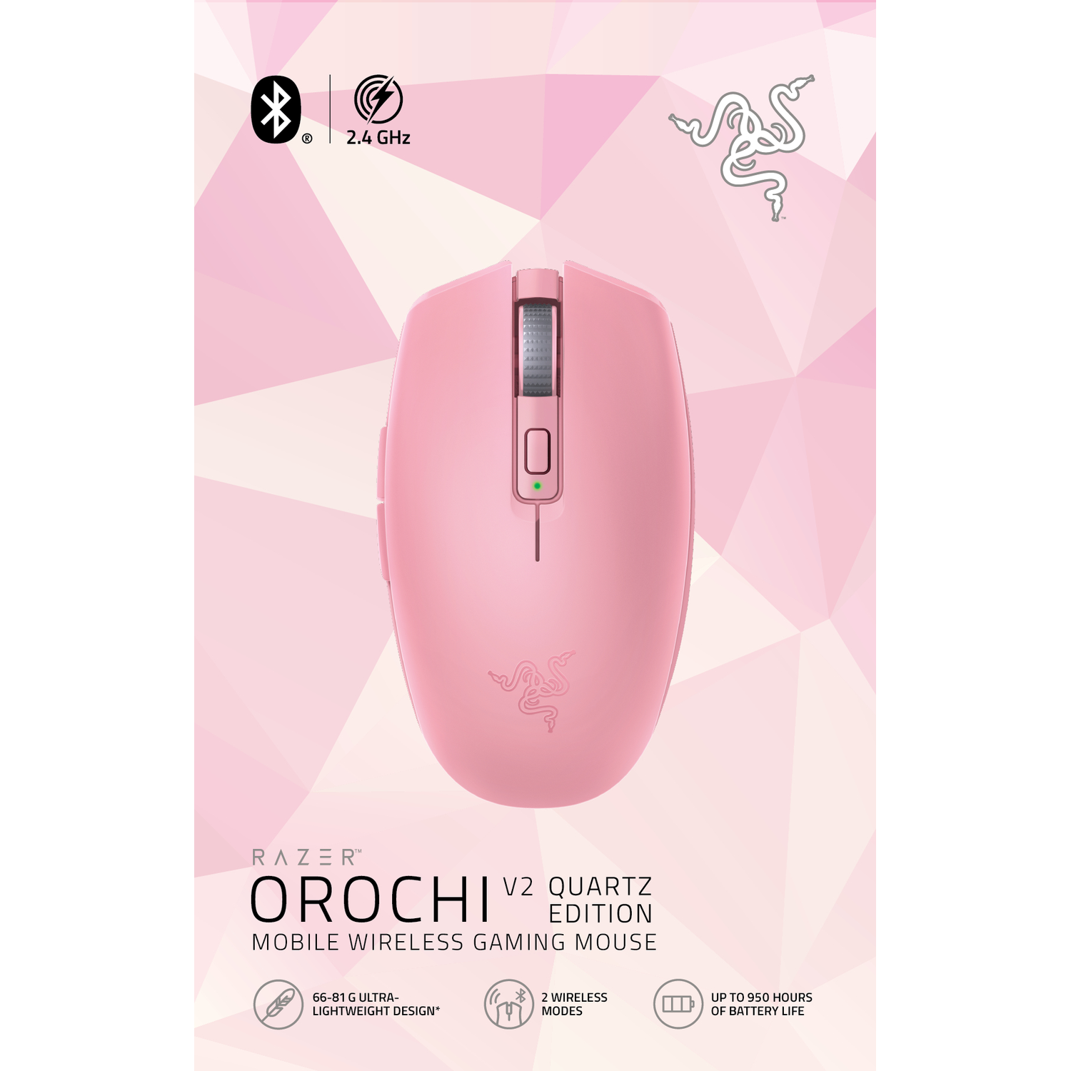 Een roze Razer Orochi V2 gamingmuis met Bluetooth- en 2,4 GHz-pictogrammen.