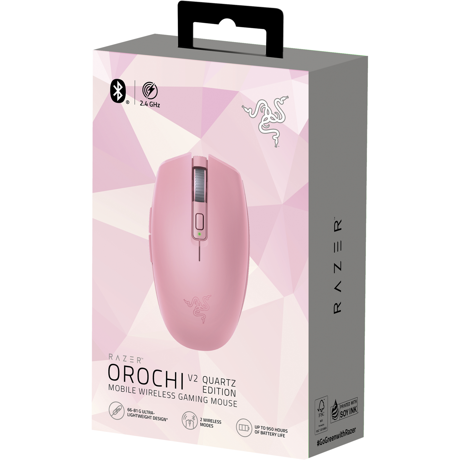 Razer Orochi V2 Quartz Edition gamingmuis verpakking met roze en grijze geometrische patronen.