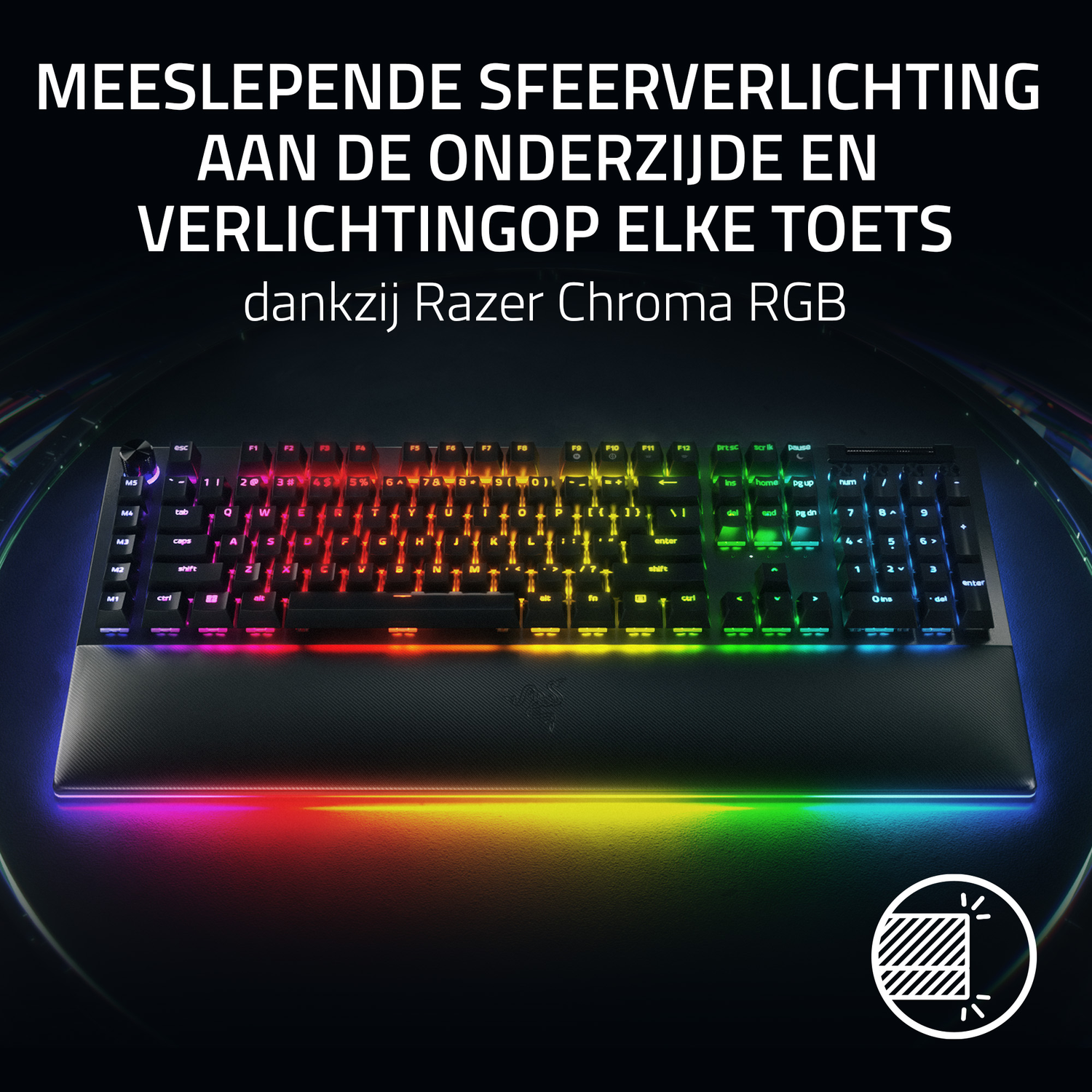 A black keyboard with RGB lighting on the bottom and keys.