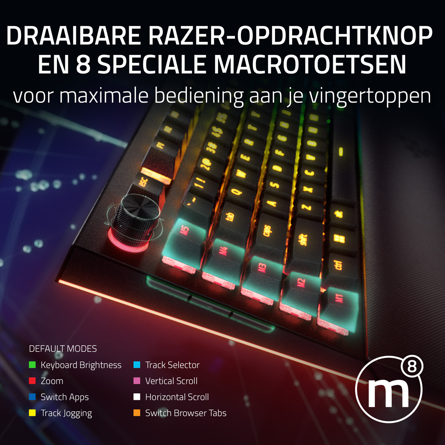 A Razer gaming keyboard with illuminated keys and a rotary dial.