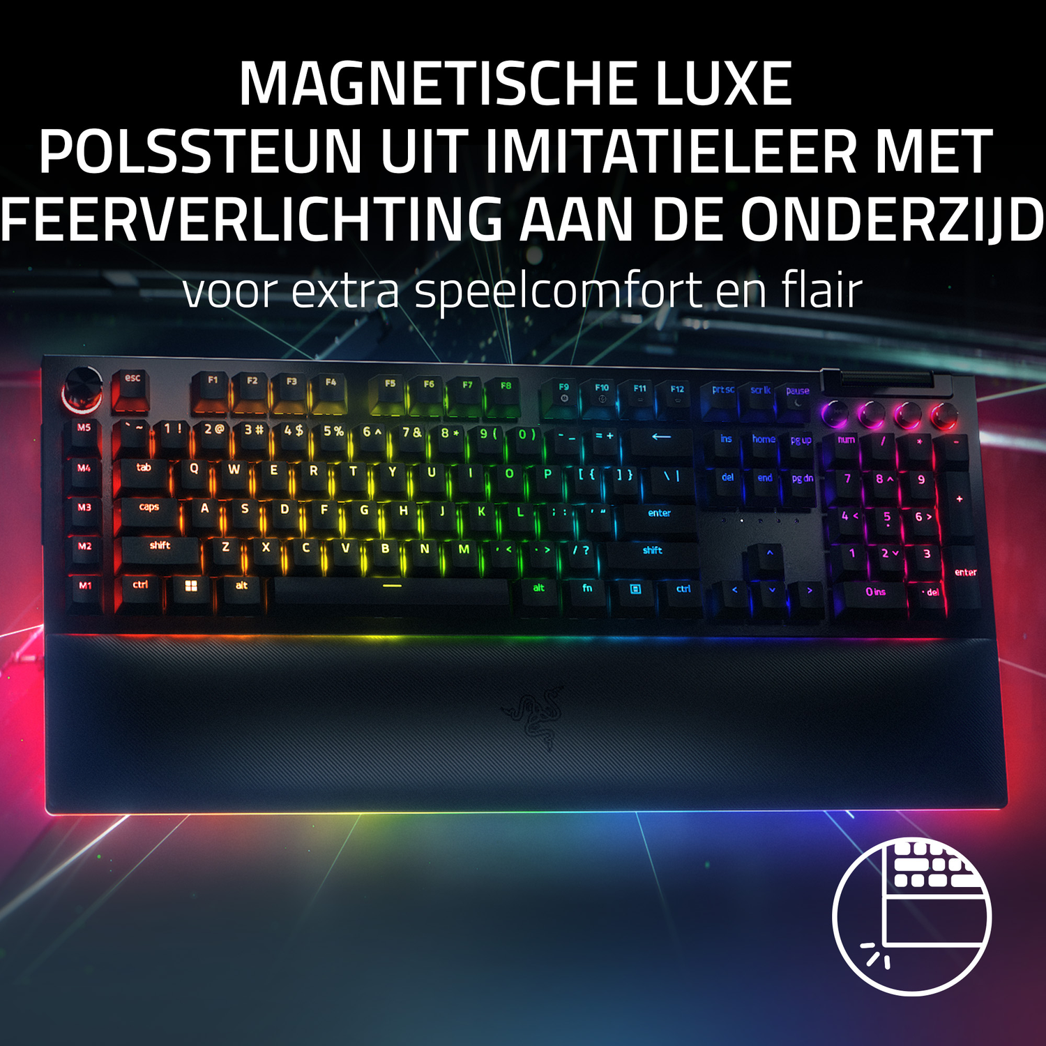 Black keyboard with RGB lighting and magnetic wrist rest.
