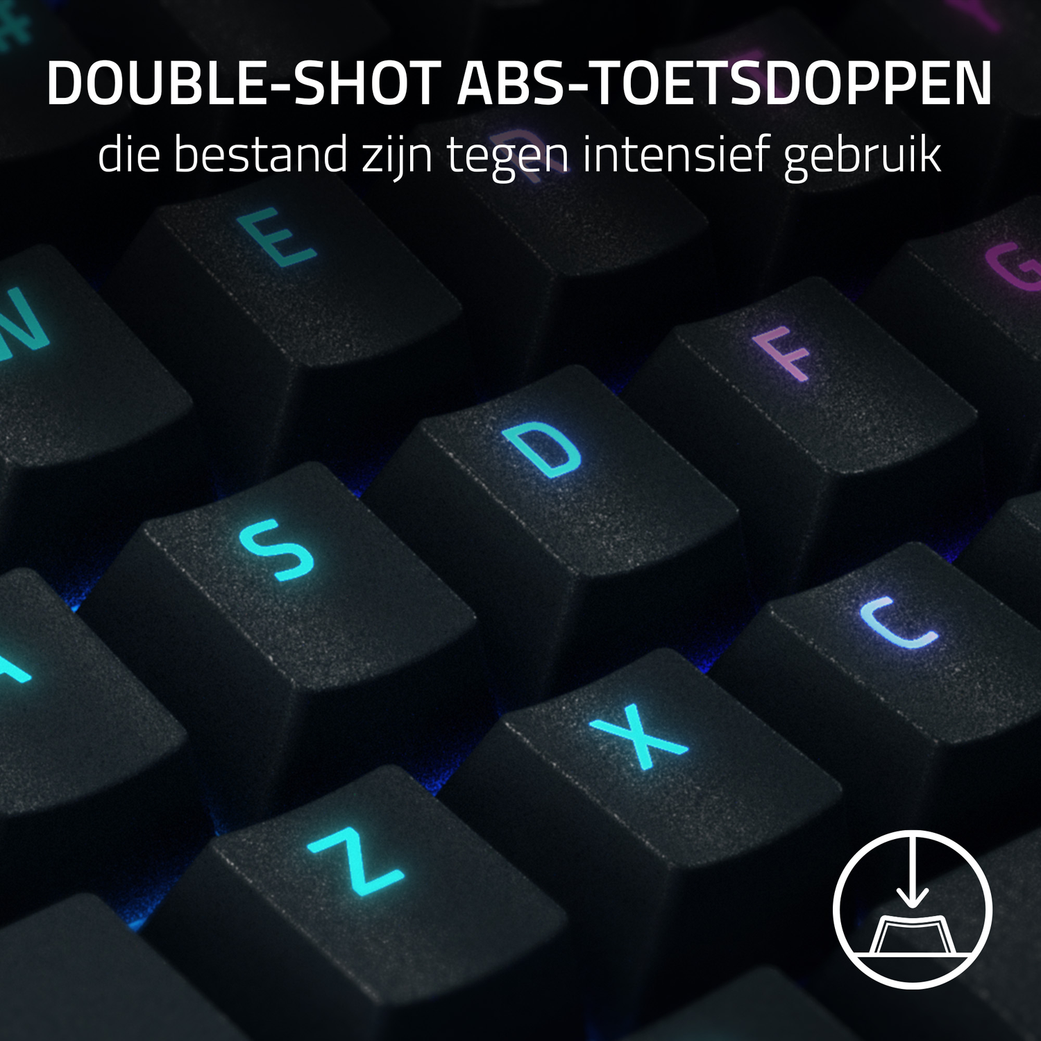Keyboard with illuminated "Double-Shot ABS" keycaps showing letters.