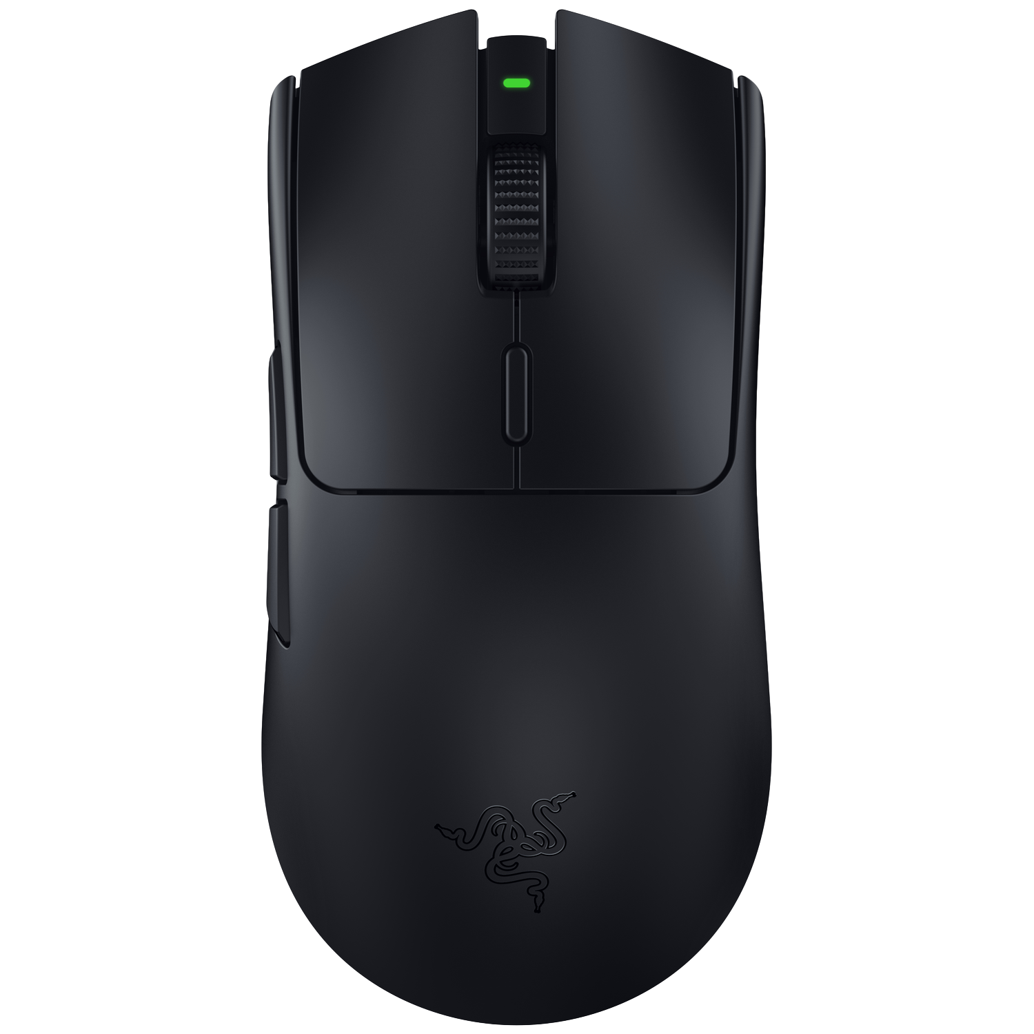 Zwarte draadloze gamingmuis met groen licht bovenop en Razer-logo.
