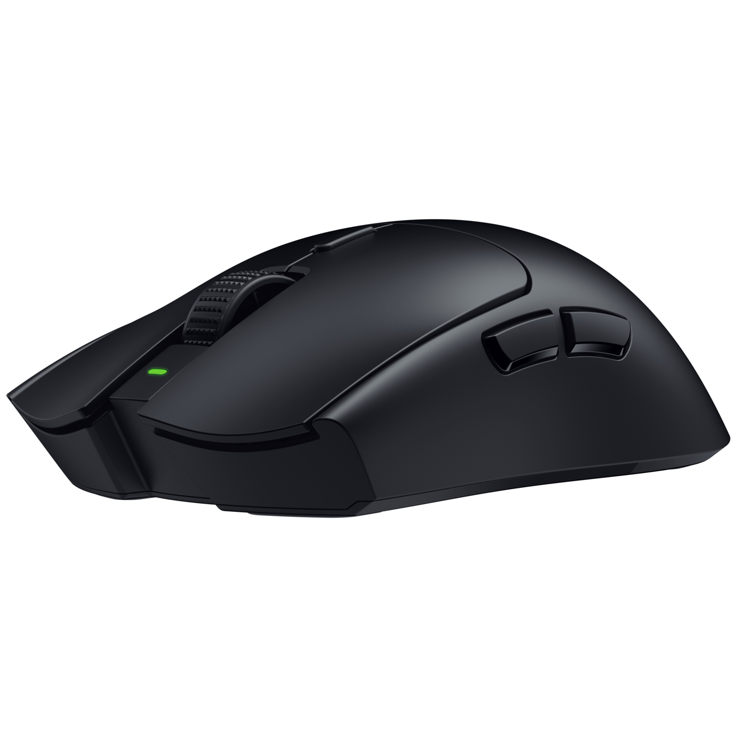 Zwarte computermuis met groen licht en scrollwiel.