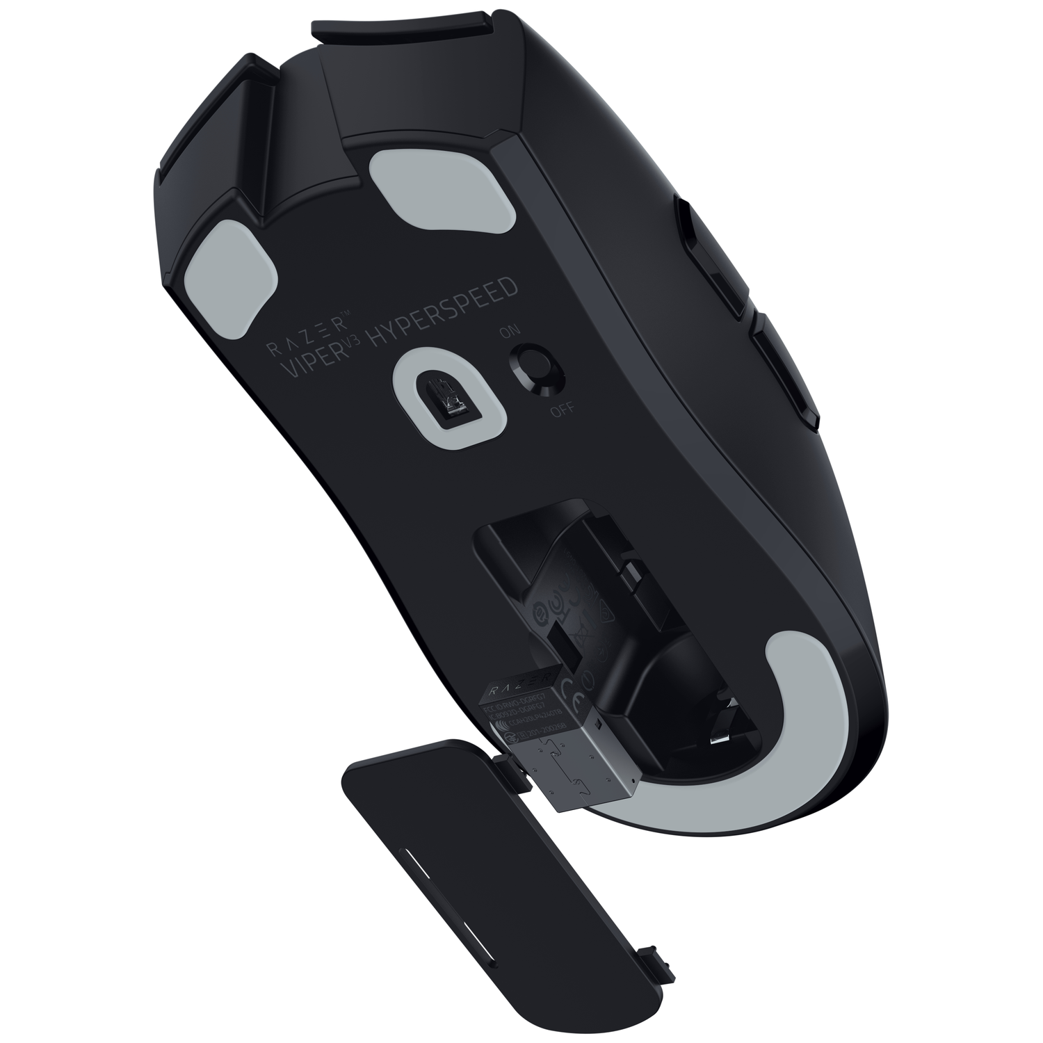Zwarte Razer Viper V3 Hyperspeed muis, onderkant met schakelaar en batterijcompartiment.