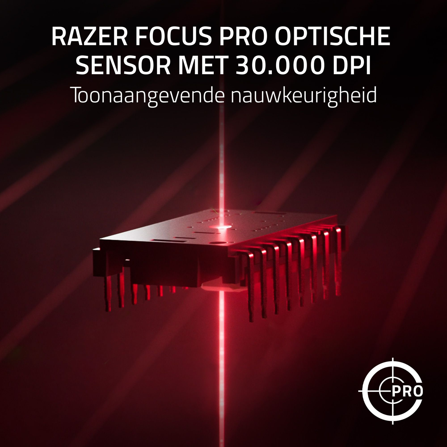 Een rode laserstraal verlicht een zwarte sensor met pinnen.