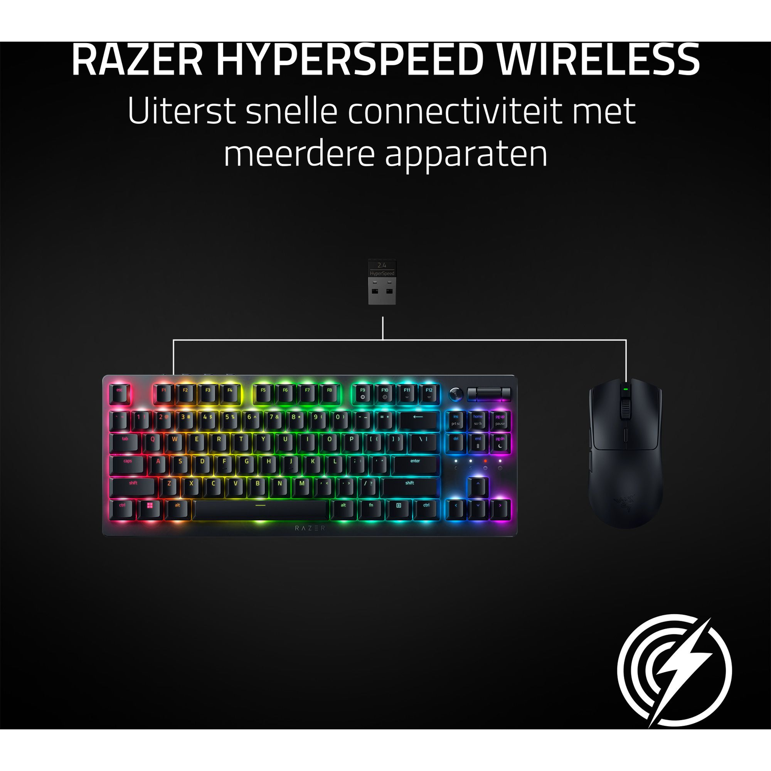 Razer draadloos toetsenbord en muis met RGB-verlichting en USB-dongle.
