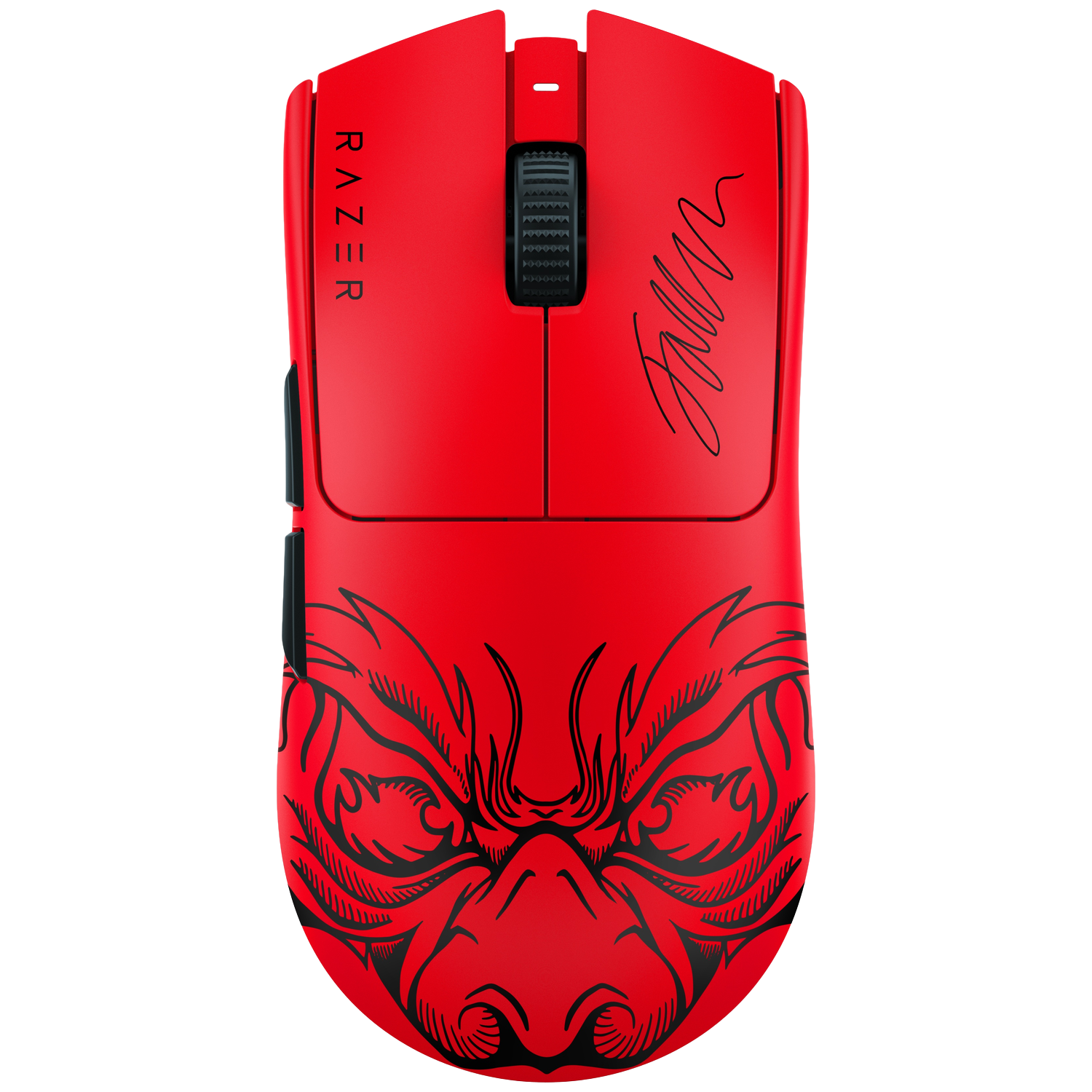 Rode gamingmuis met zwart drakenontwerp en handtekening.