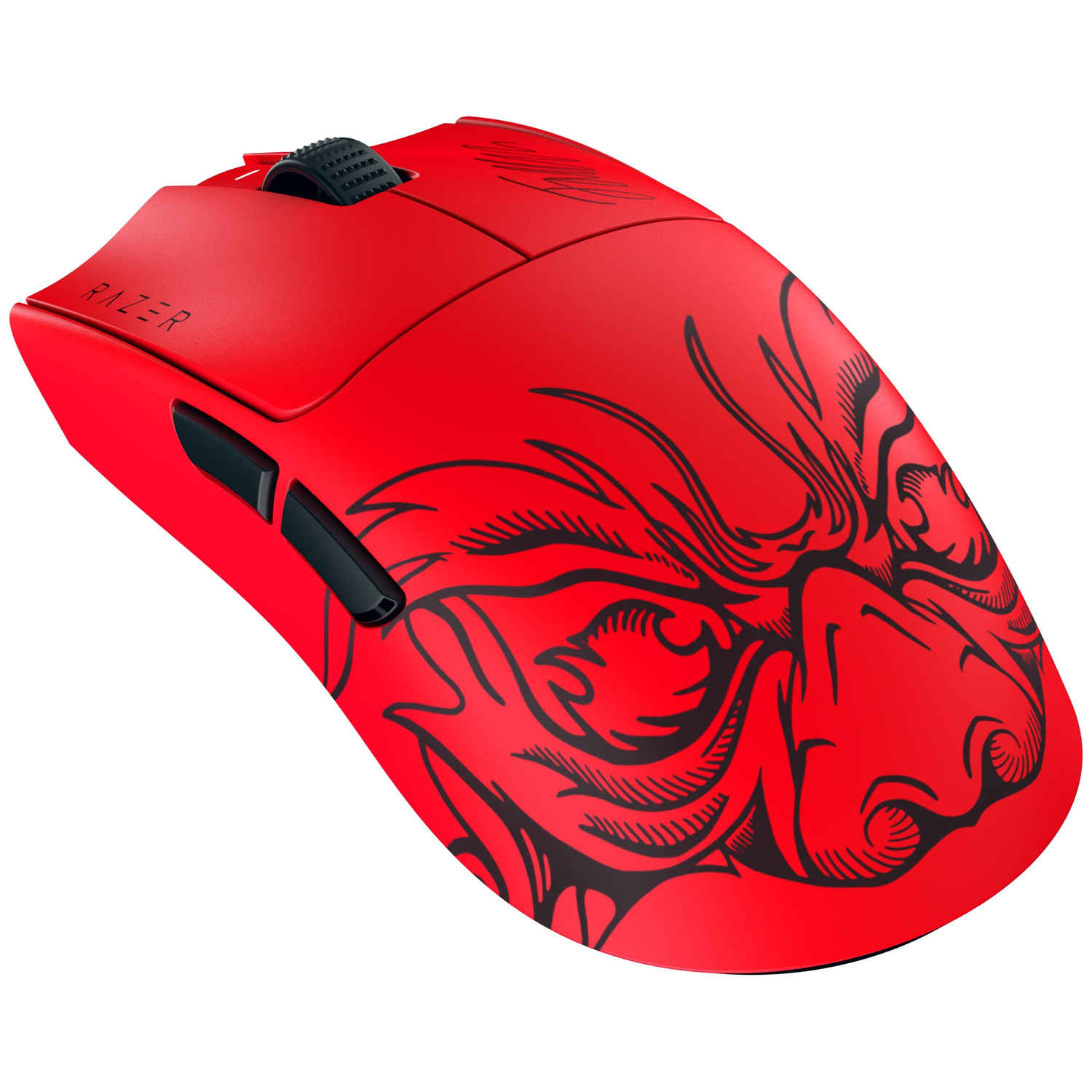 Rode gamingmuis met zwart drakenontwerp en Razer-logo.