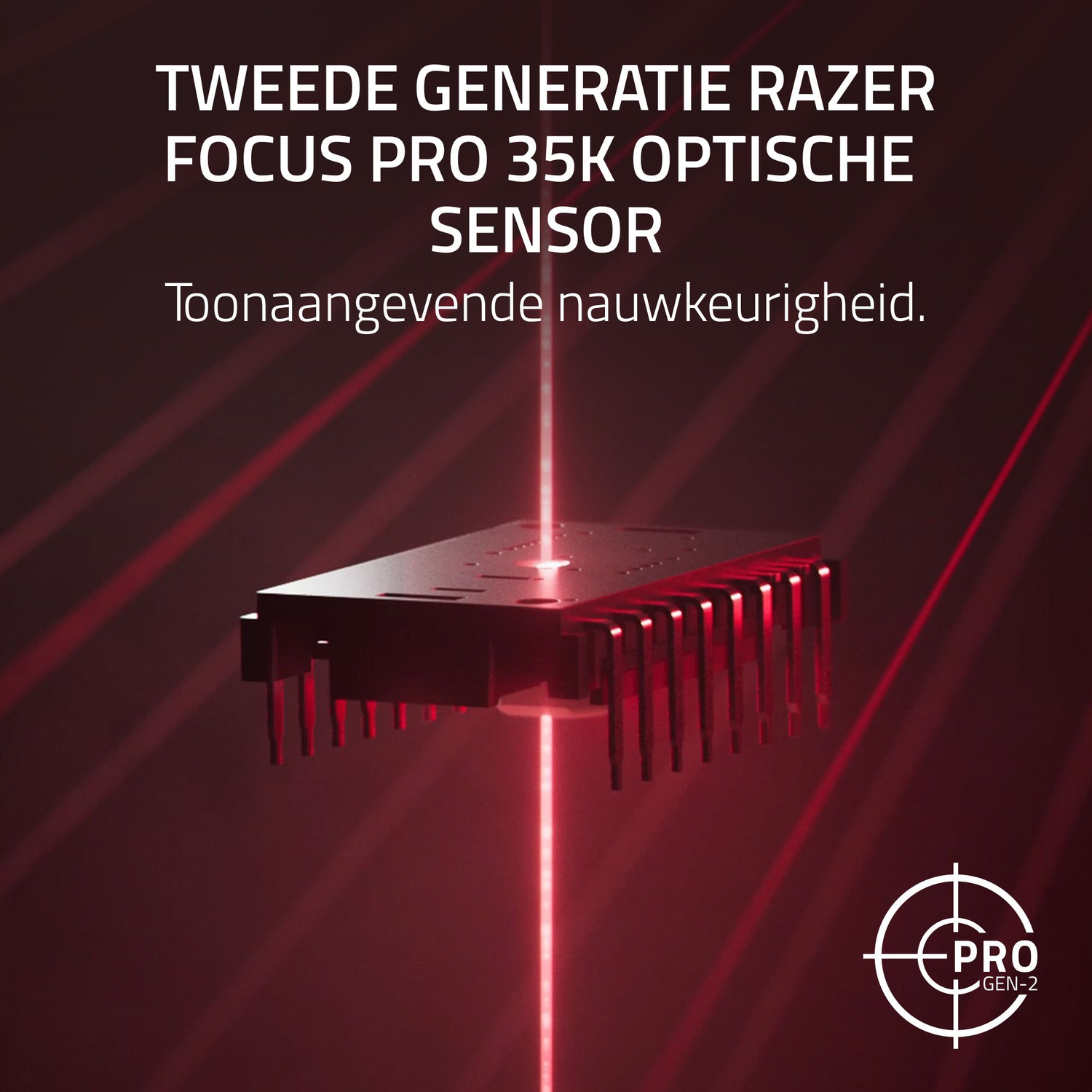 Razer Focus Pro 35K sensor met rood licht en tekst.