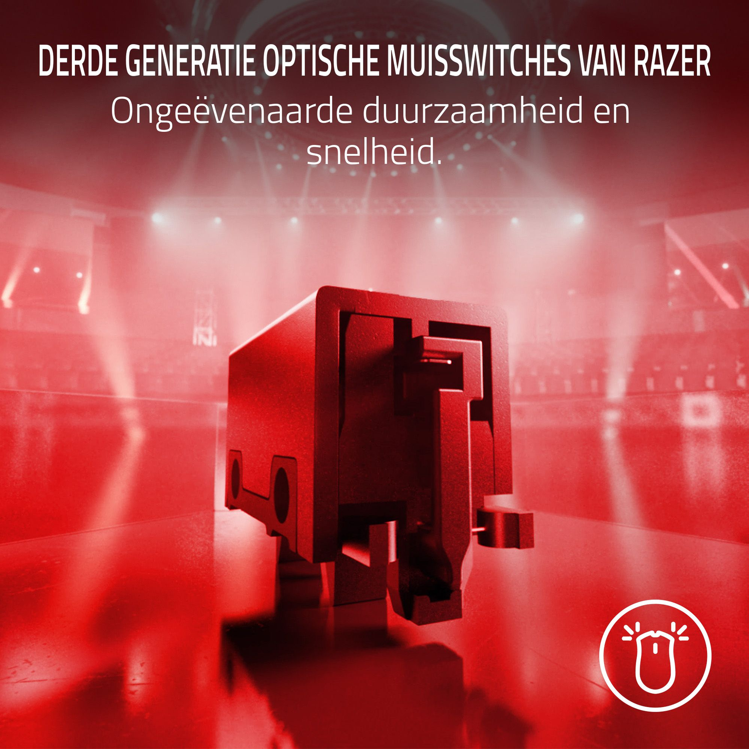 Razer muisschakelaars met lichteffecten, rode schakelaar op voorgrond.