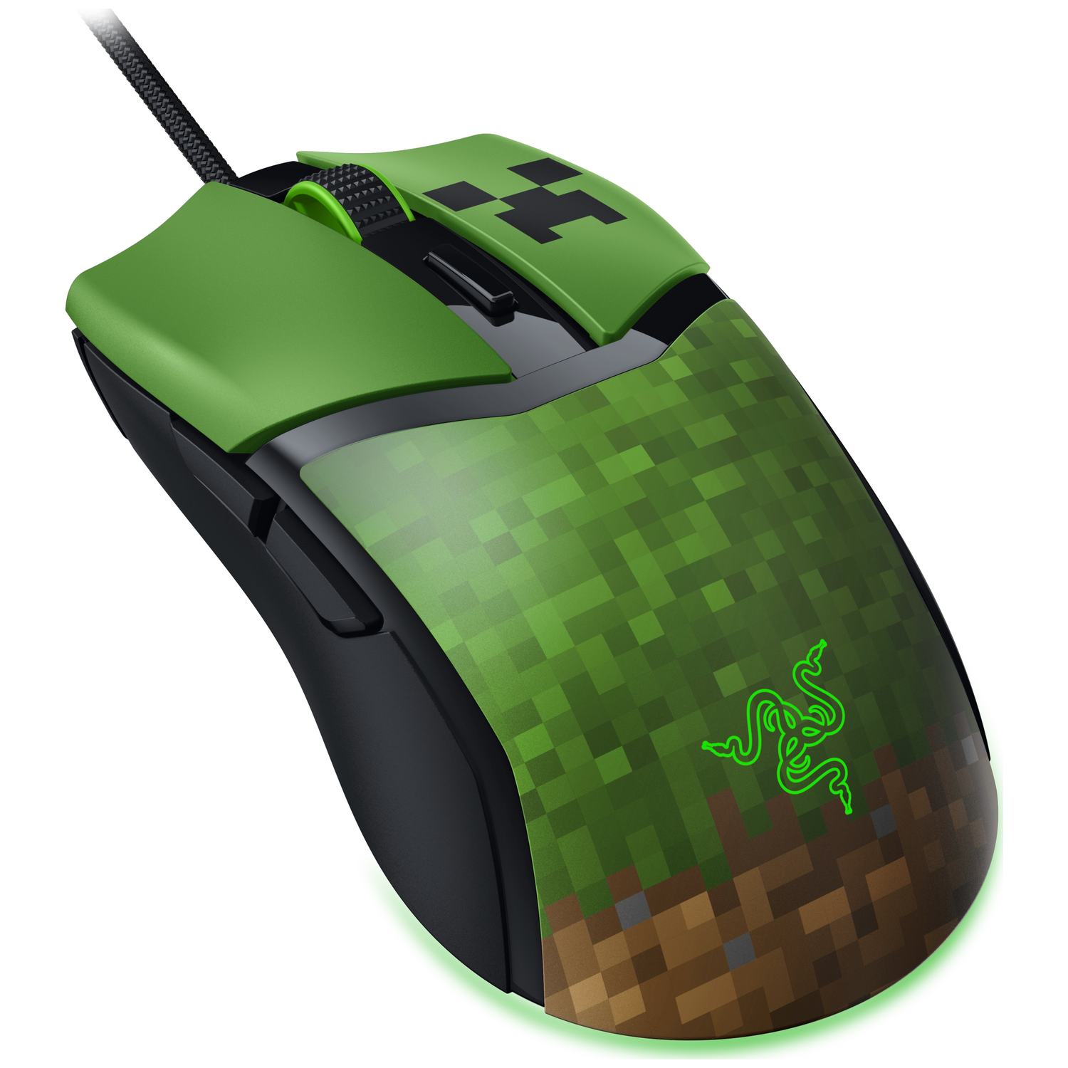 Green gaming mouse with Minecraft Creeper design and dirt block pattern.