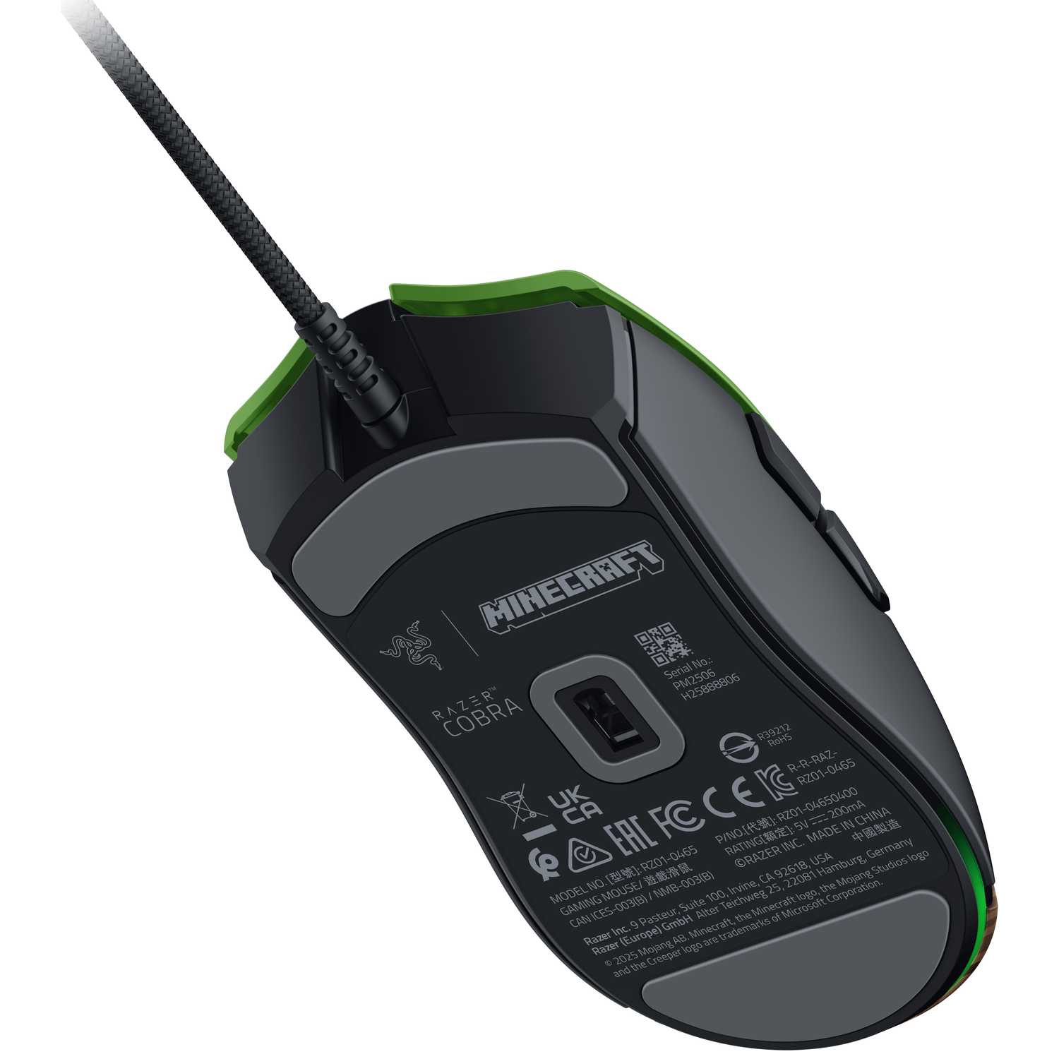 Black Razer Cobra gaming mouse with Minecraft logo, green accent, and cable.