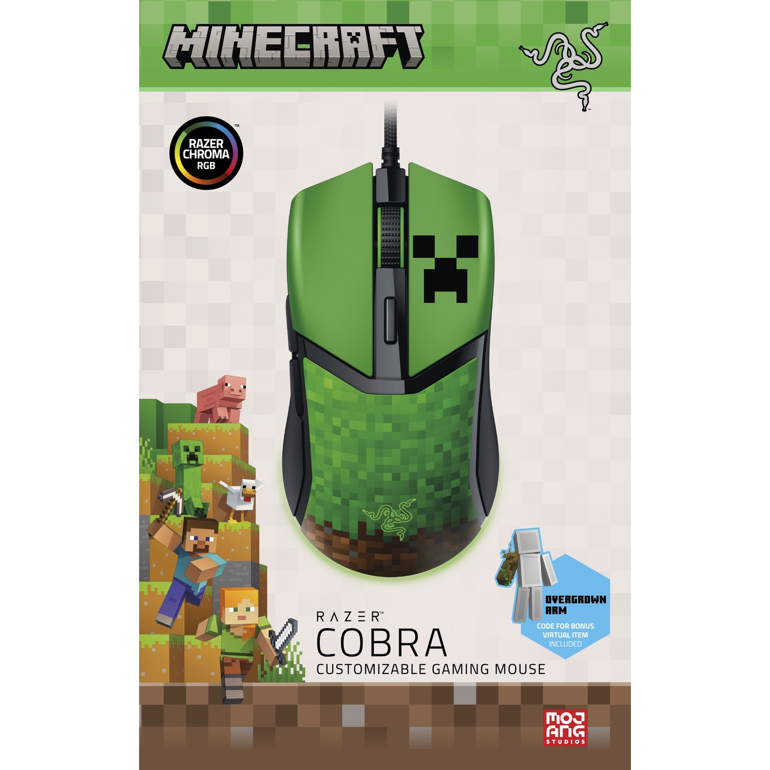 Green Minecraft gaming mouse with Creeper design, characters, and logo.