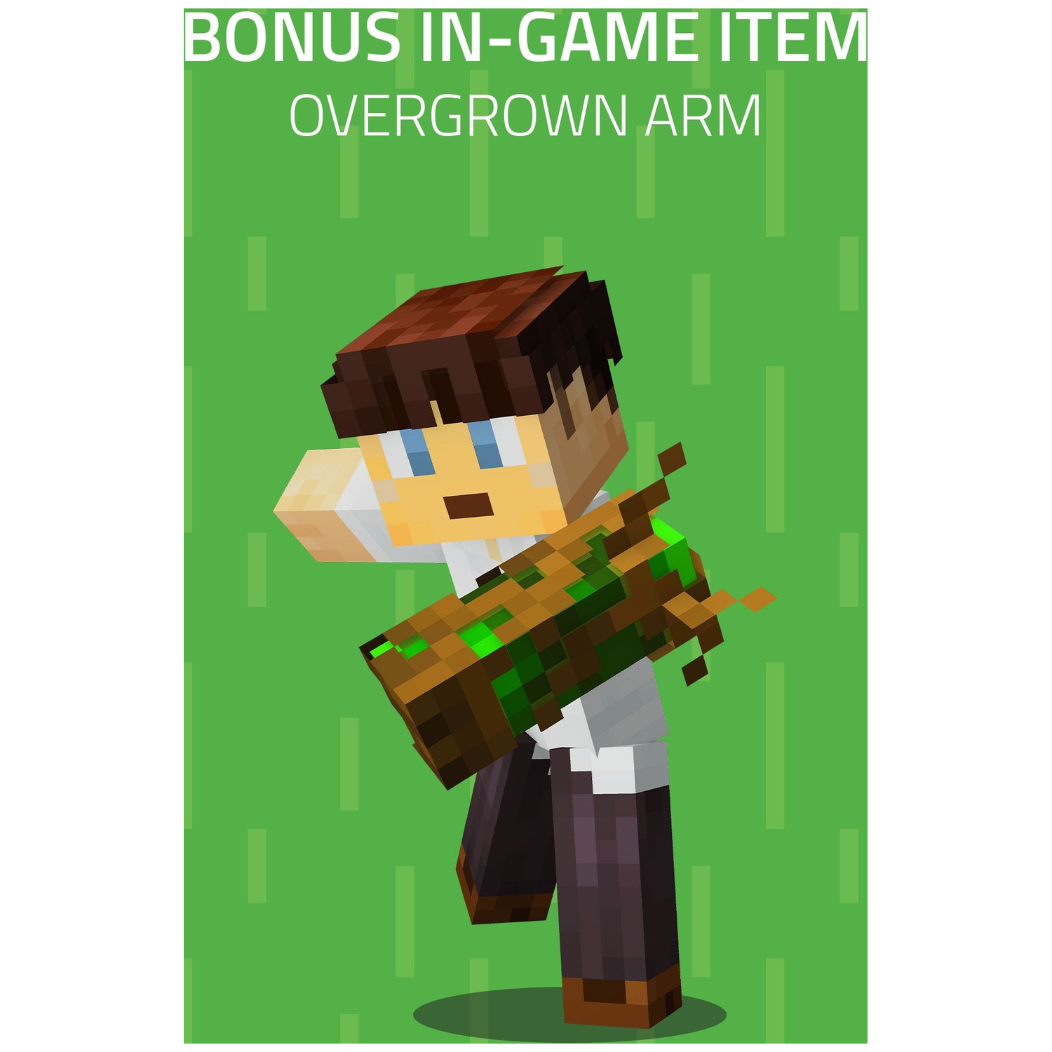 A Minecraft character holds an overgrown arm weapon with green lights.