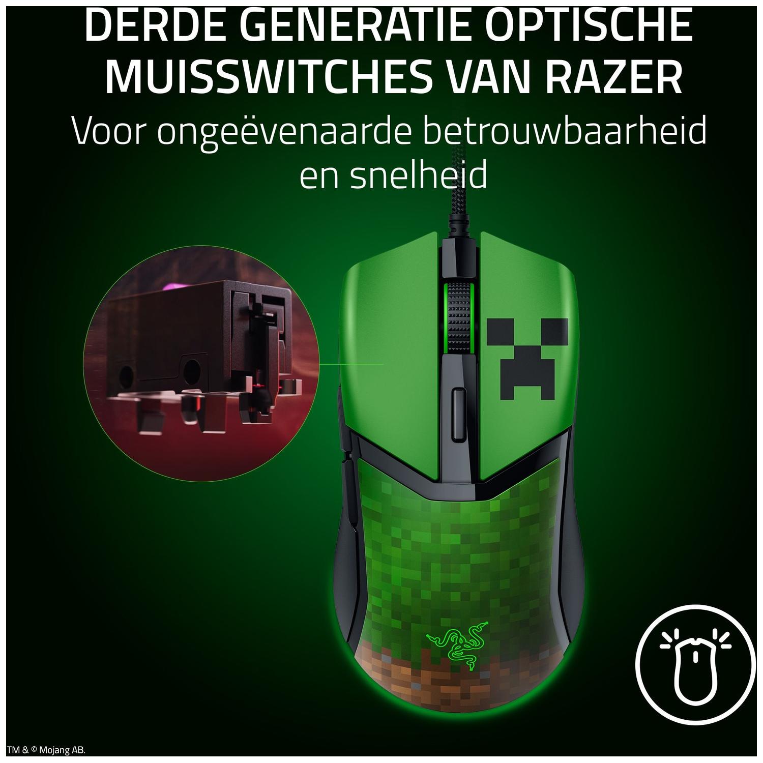 Green Razer gaming mouse with Minecraft design and close-up of optical switch.