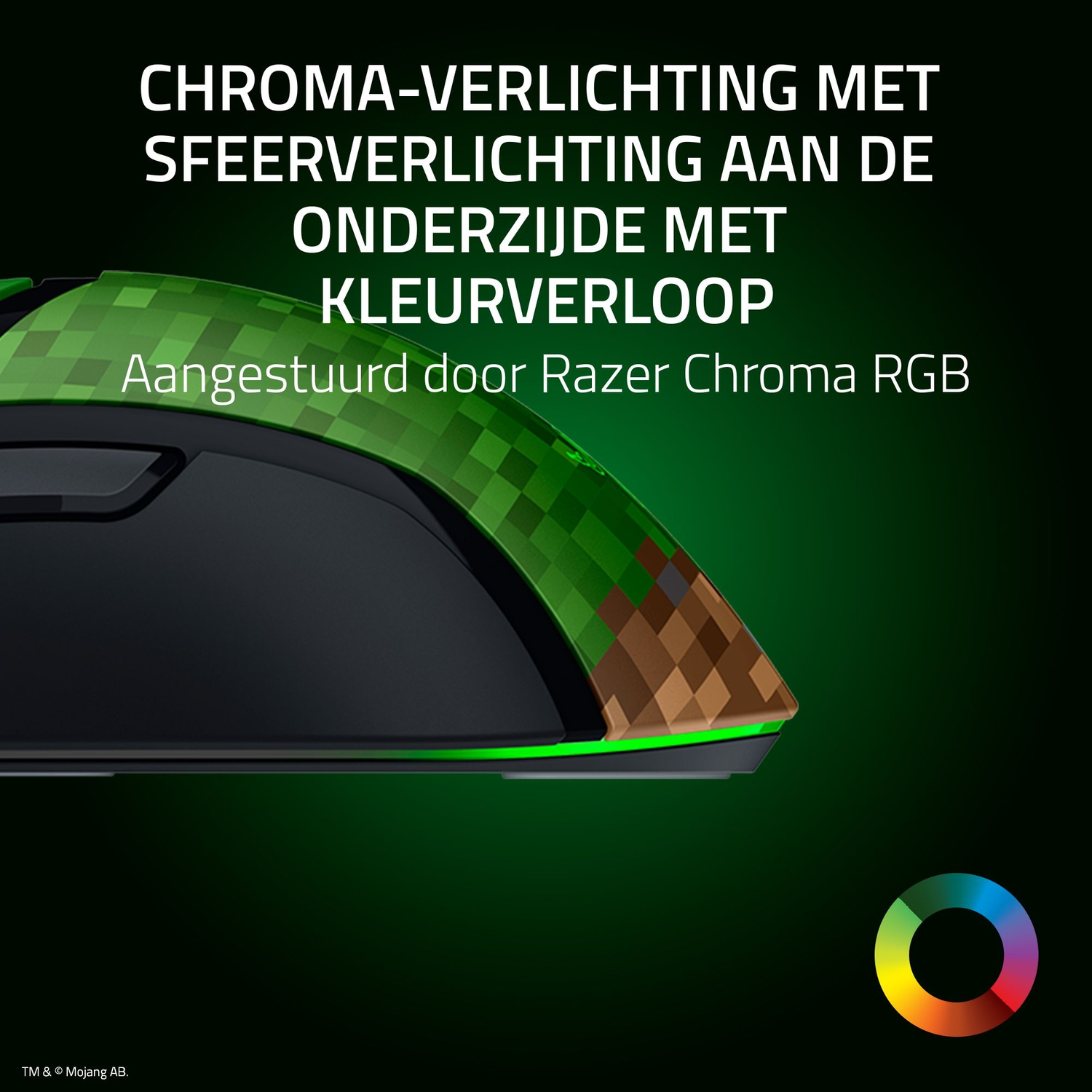 A black mouse with Minecraft design and green Chroma lighting. RGB color wheel.