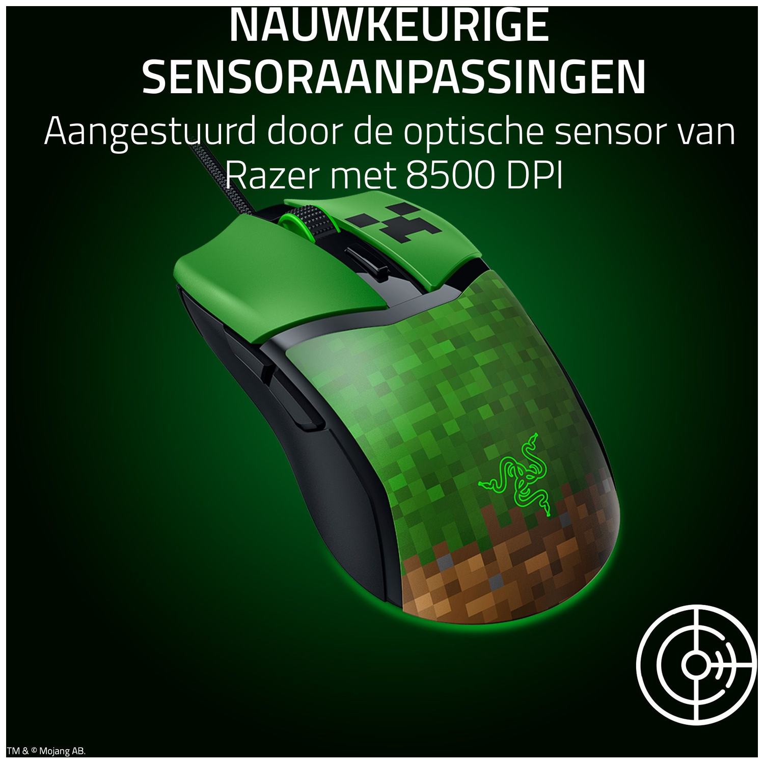 Green gaming mouse with Minecraft design and Razer logo.