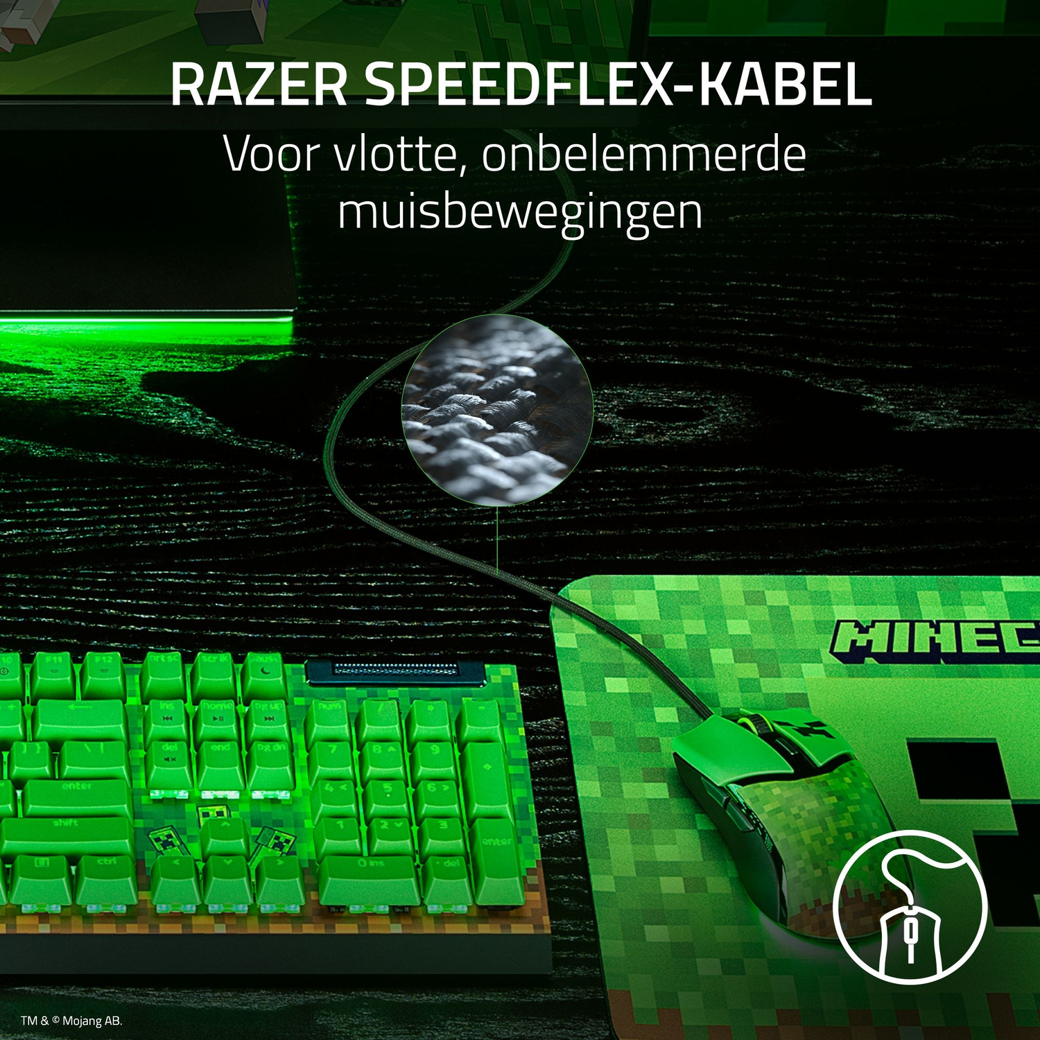 Green Razer gaming mouse and keyboard with Minecraft design on a mousepad.
