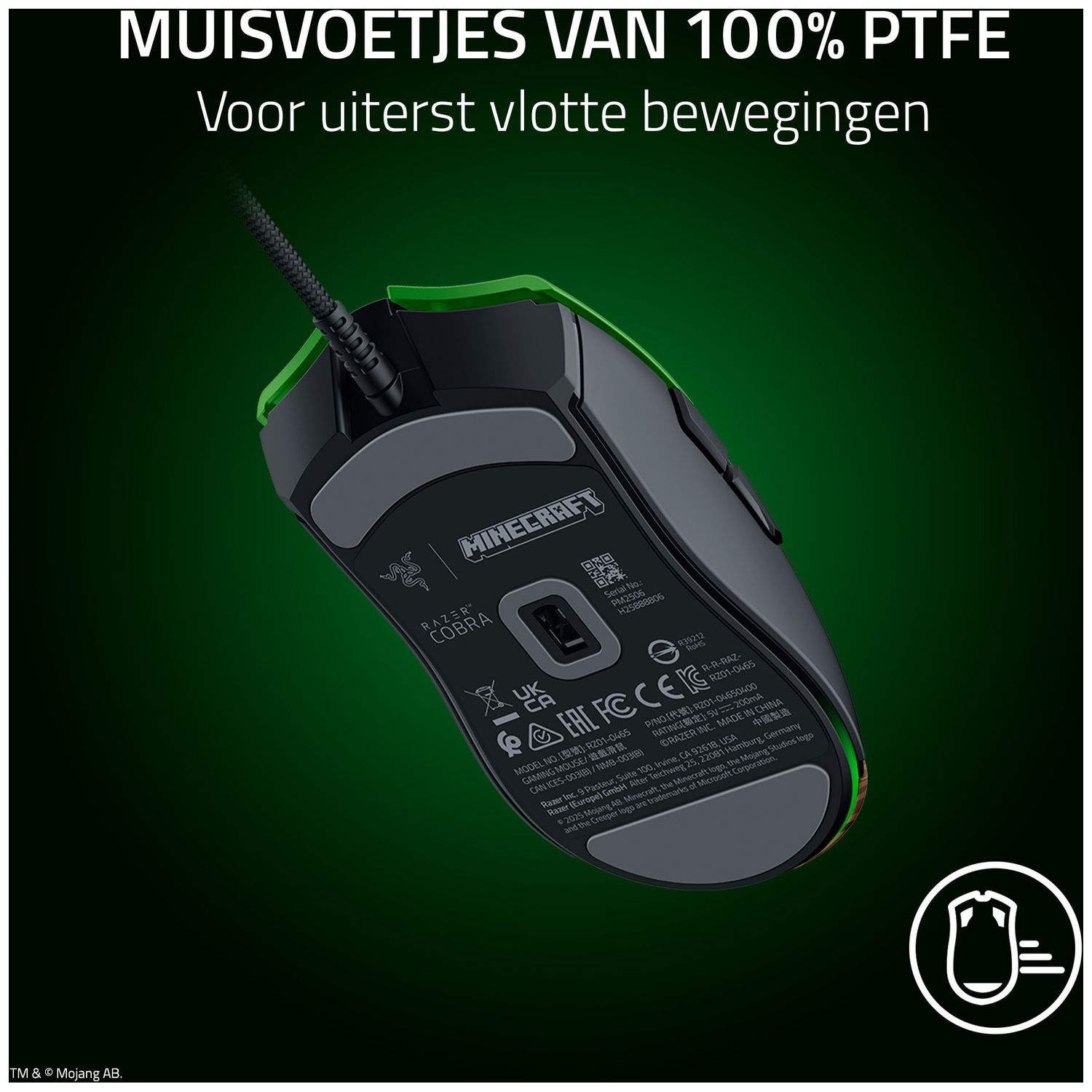 A black Razer Cobra gaming mouse with Minecraft logo on a green background.