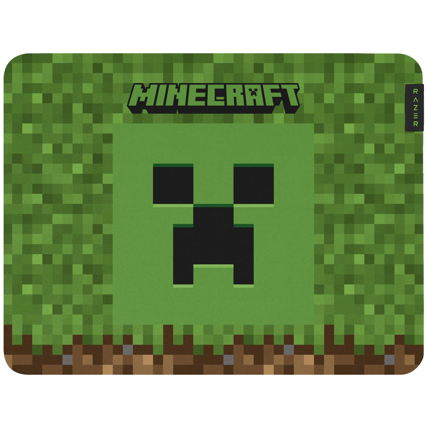 Minecraft Creeper face on green pixelated grass and brown dirt.