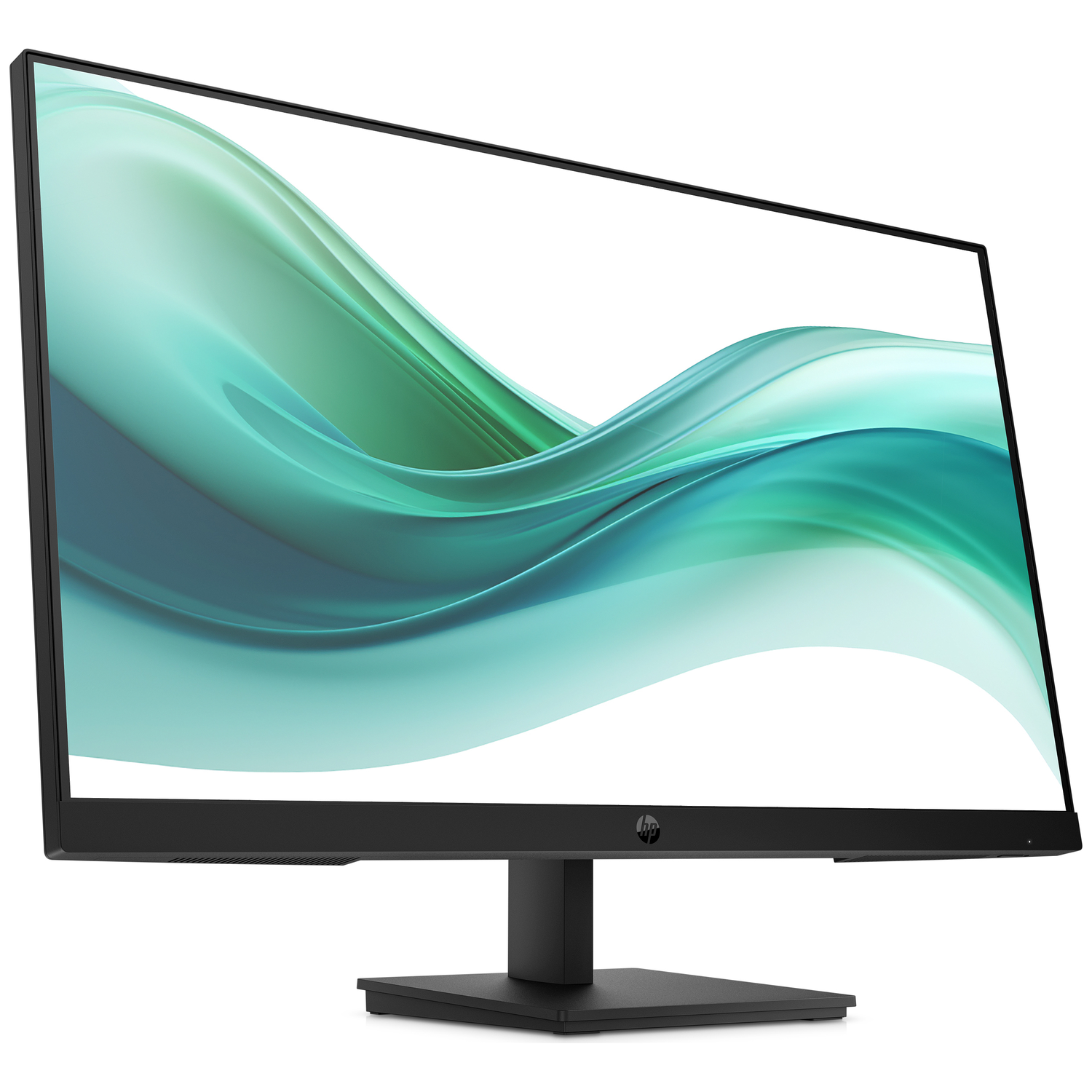 A black computer monitor displaying an abstract green wave design on its screen.