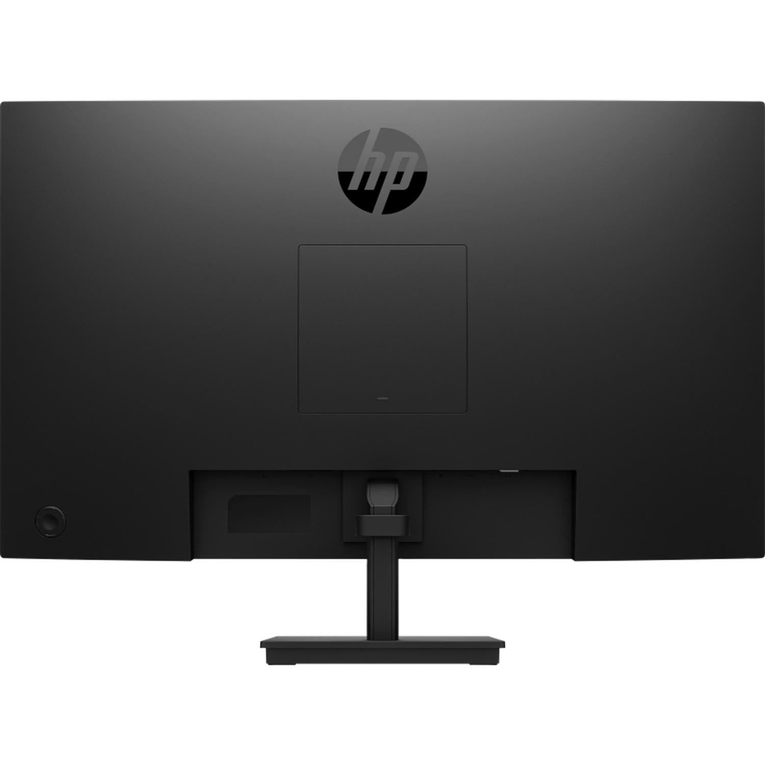 Back of a black HP monitor with HP logo and stand.