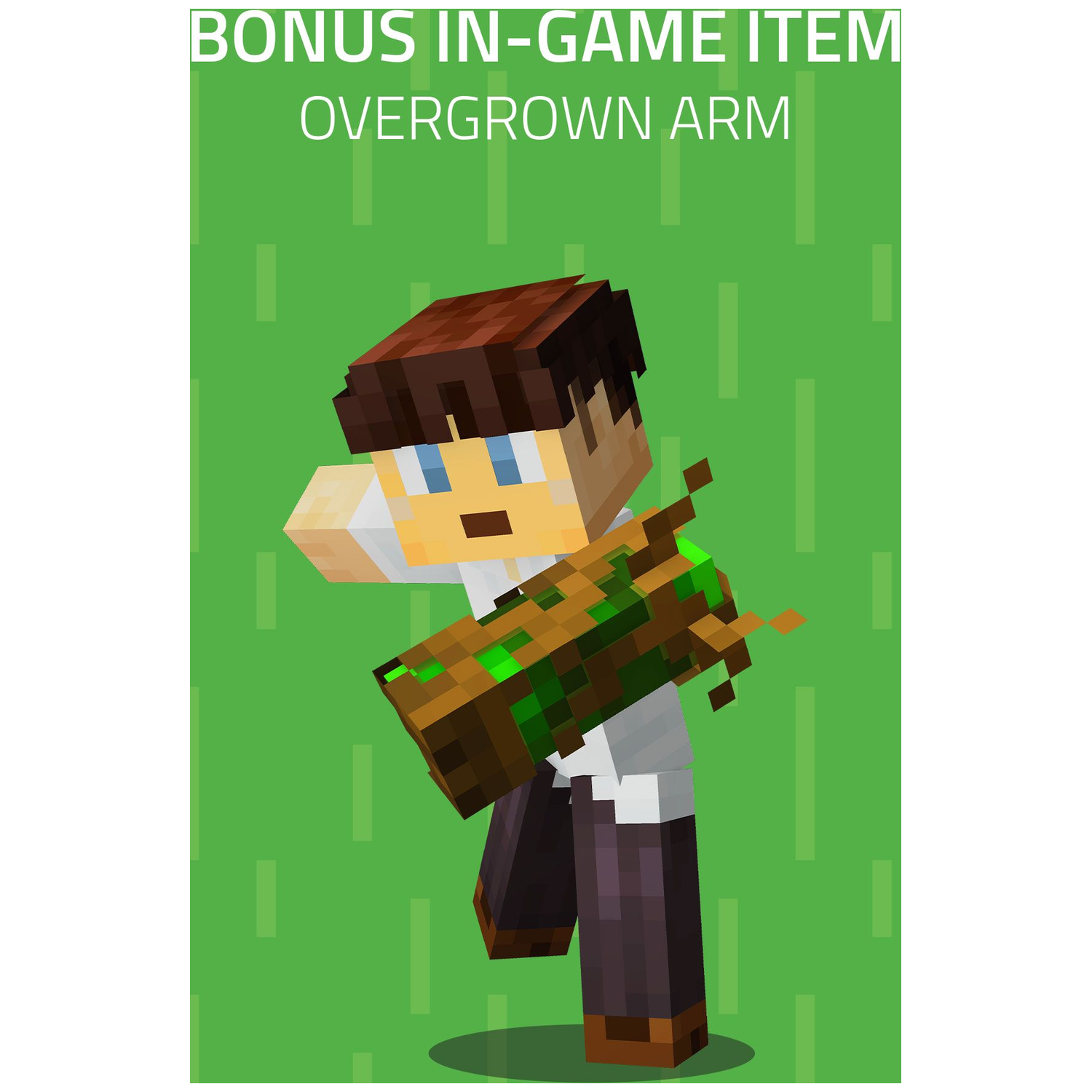 Minecraft character with overgrown arm, green background lines.