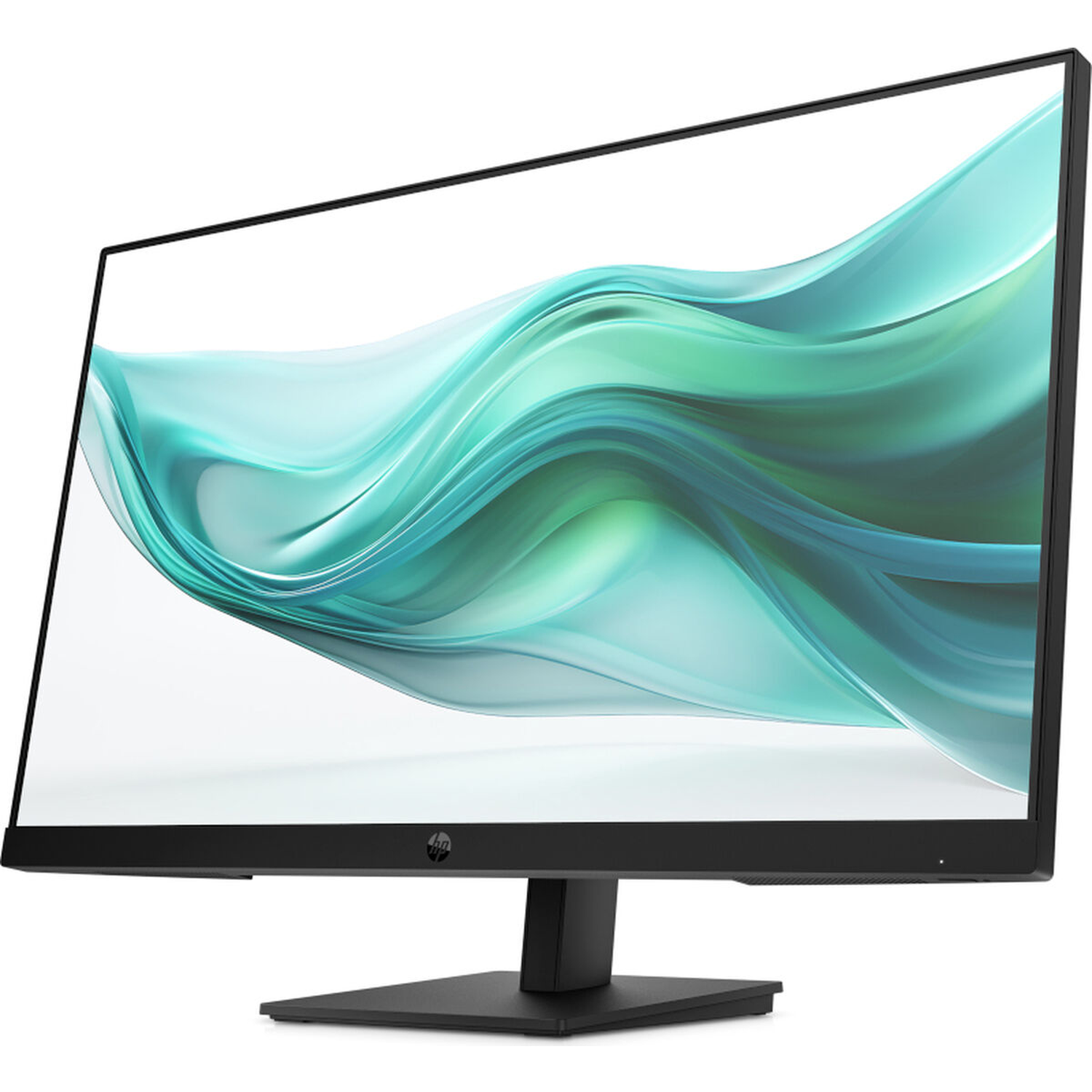 Zwarte HP monitor met abstracte groene en blauwe golven op het scherm. Minimalistisch design.