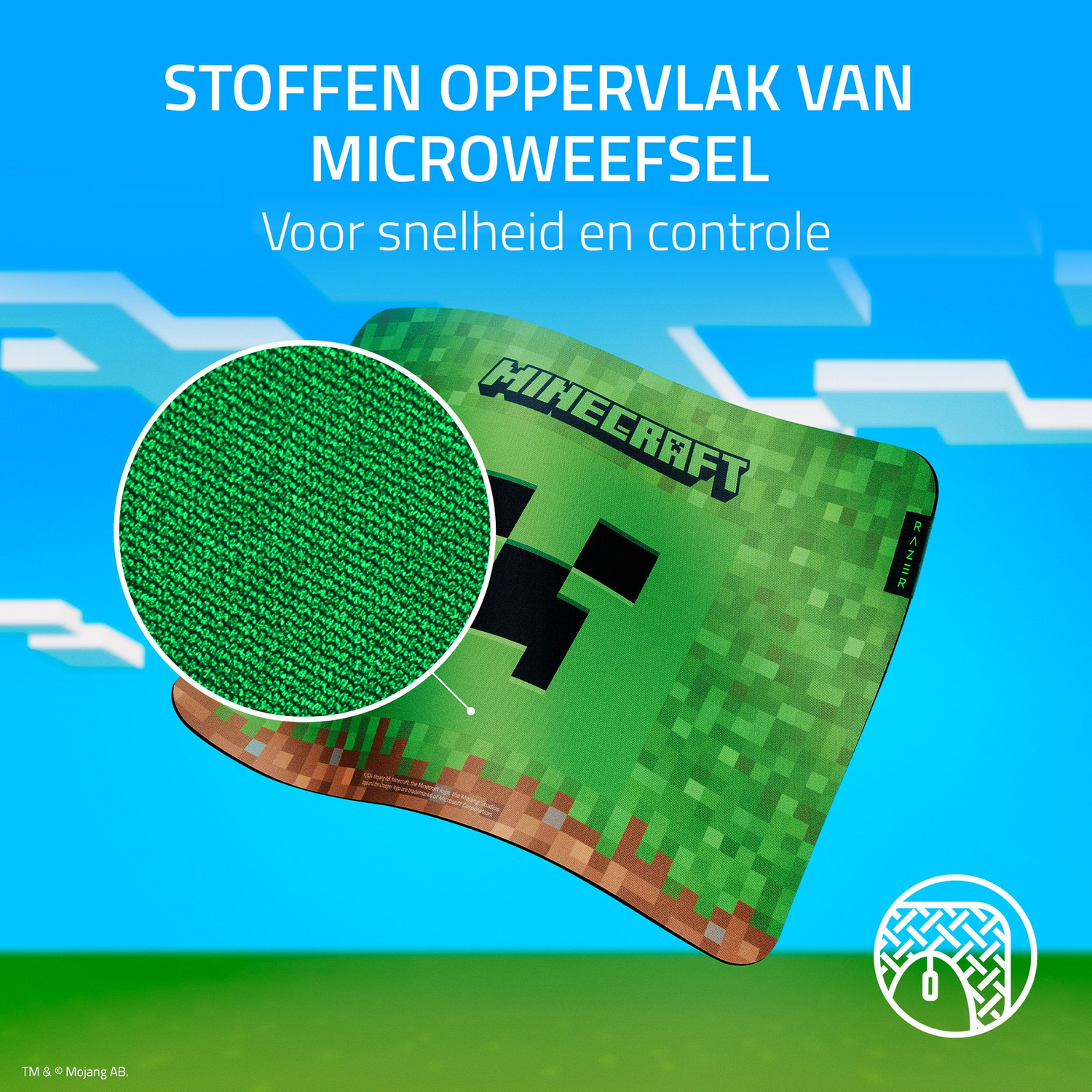 Green Minecraft mousepad with fabric surface and close-up of material.