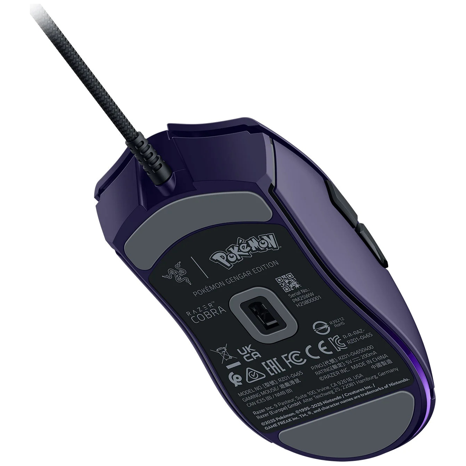 Purple Razer gaming mouse with Pokemon Gengar Edition print and black cable.