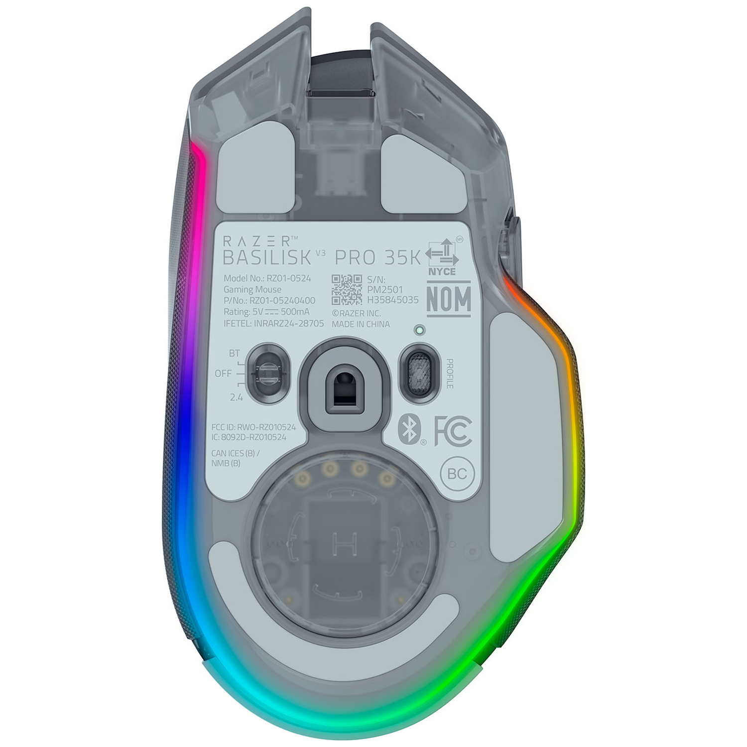 Razer Basilisk V3 Pro gaming mouse with RGB lighting, underside with details.