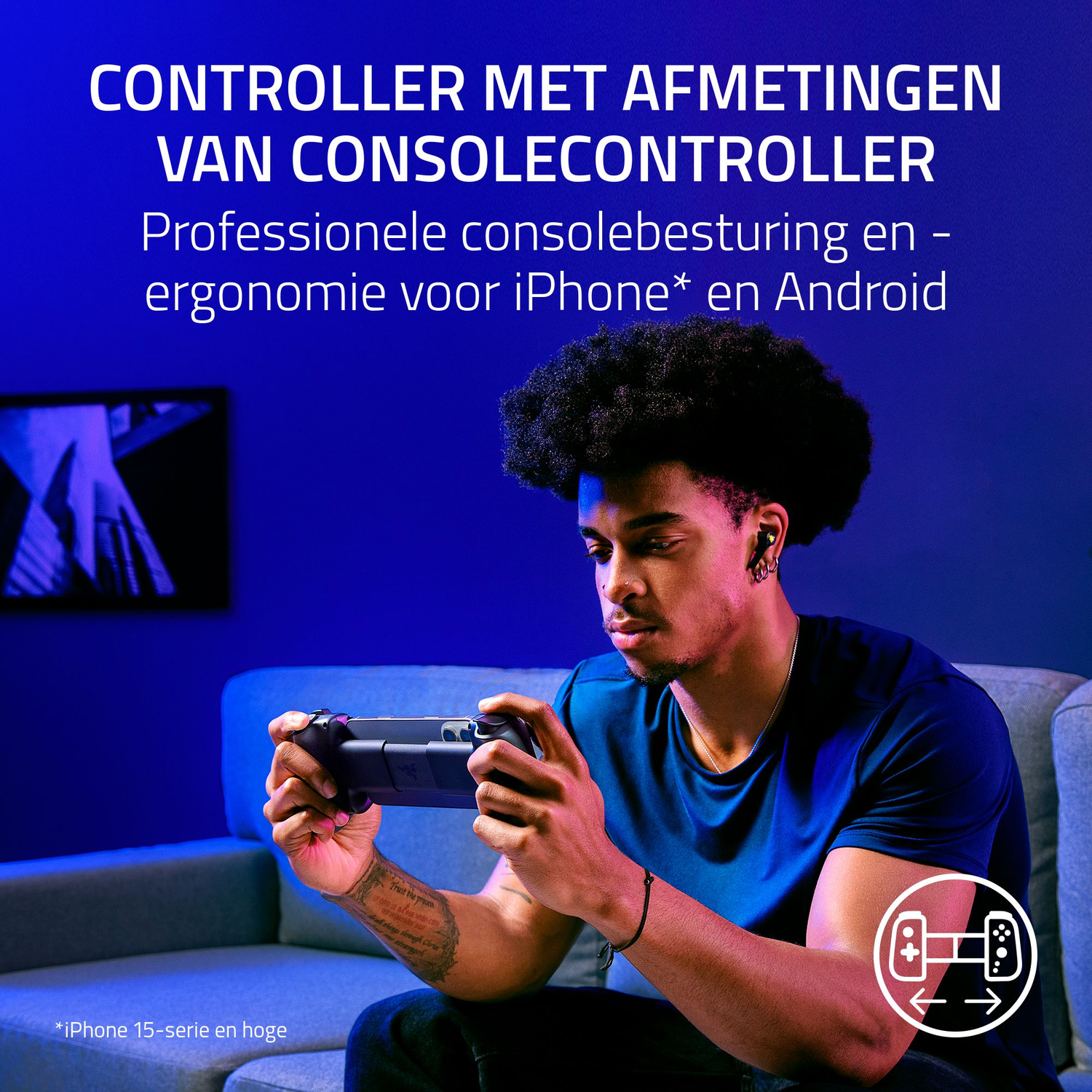 Man with controller on couch, text about console controller. iPhone and Android.