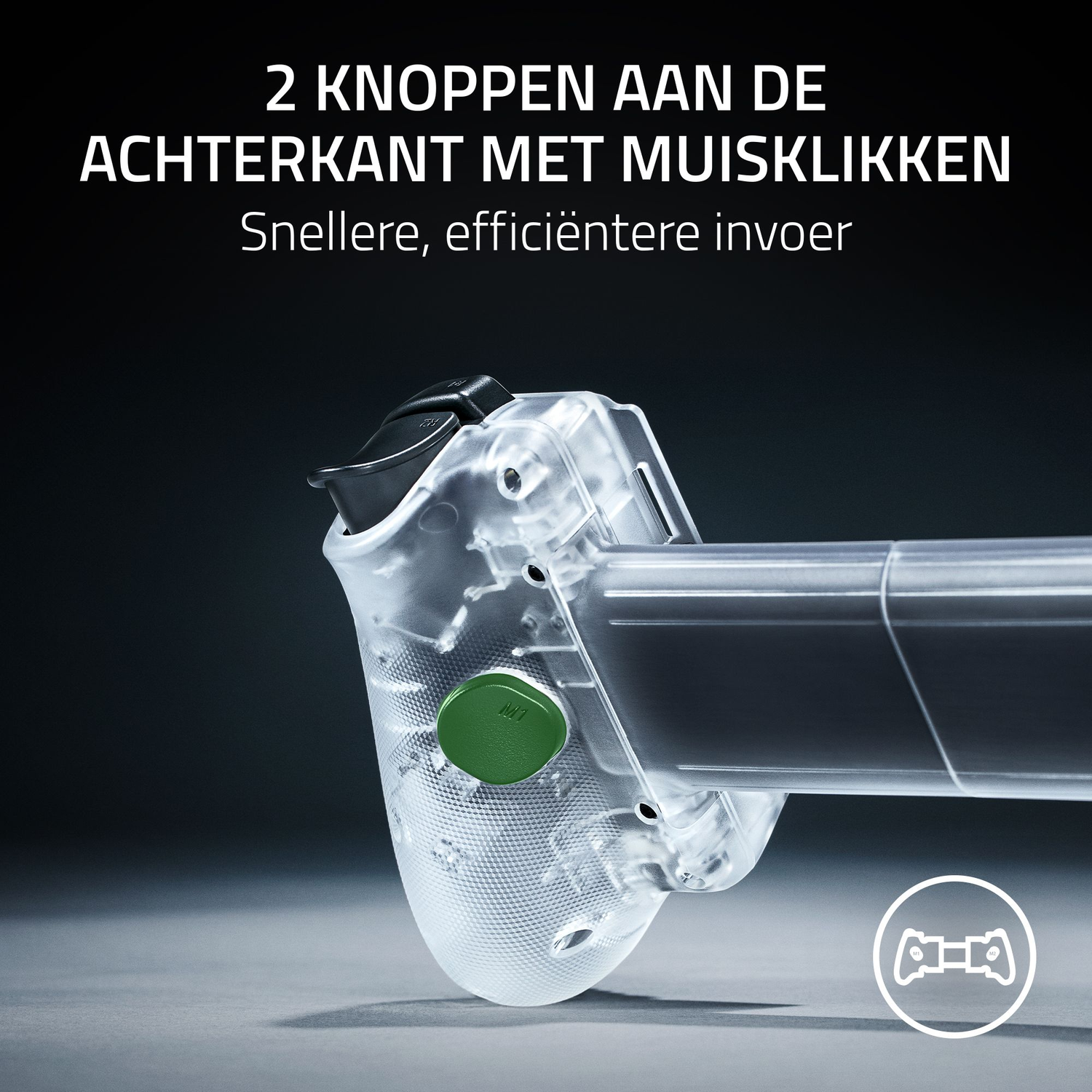 Transparent controller with two buttons on the back.